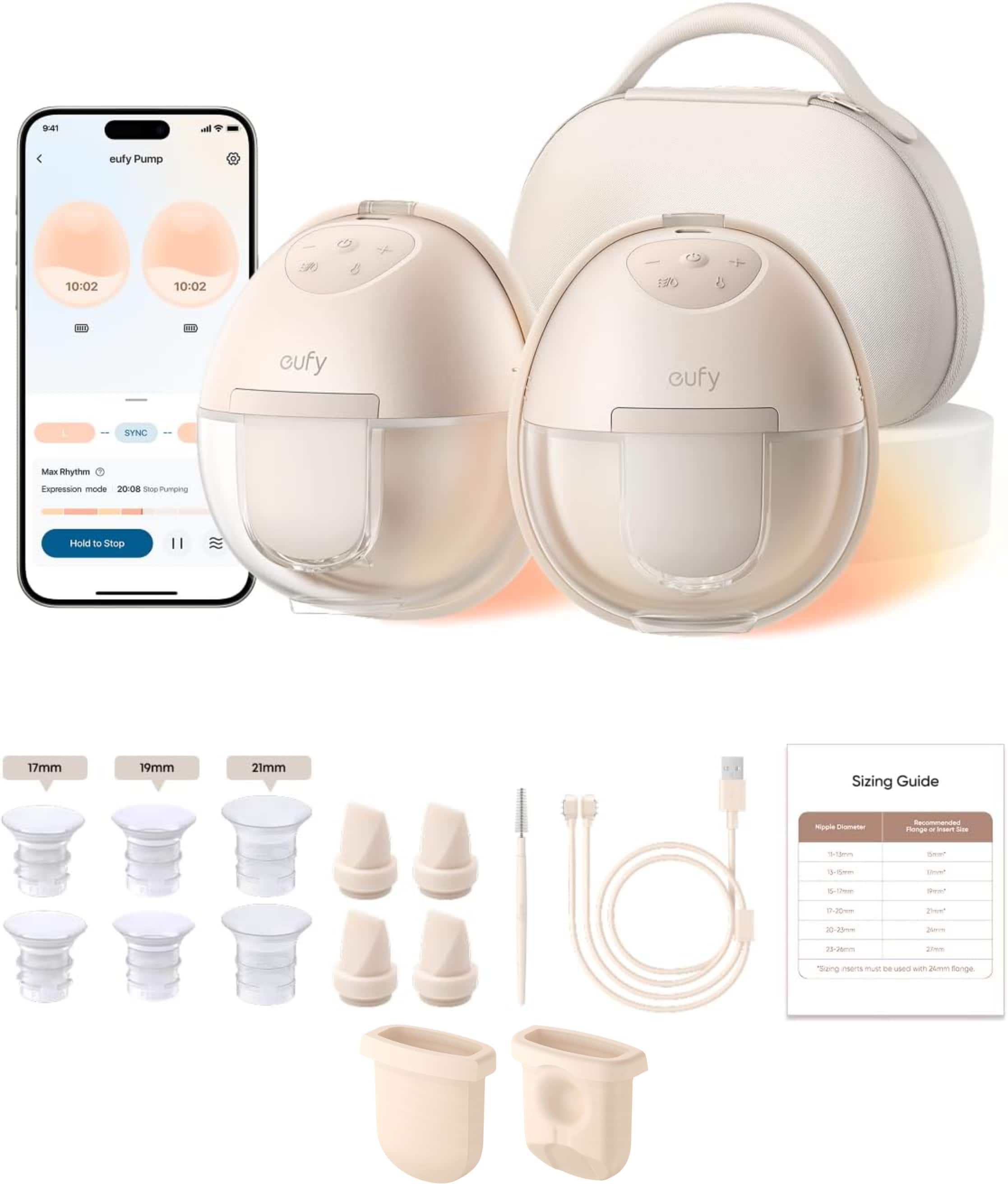 eufy - Heated Wearable Breast Pump S1 Pro & Original Diaphragm (2-Pack), Slim Hands-Free Breast Pump Hospital-Grade Suction - Brown