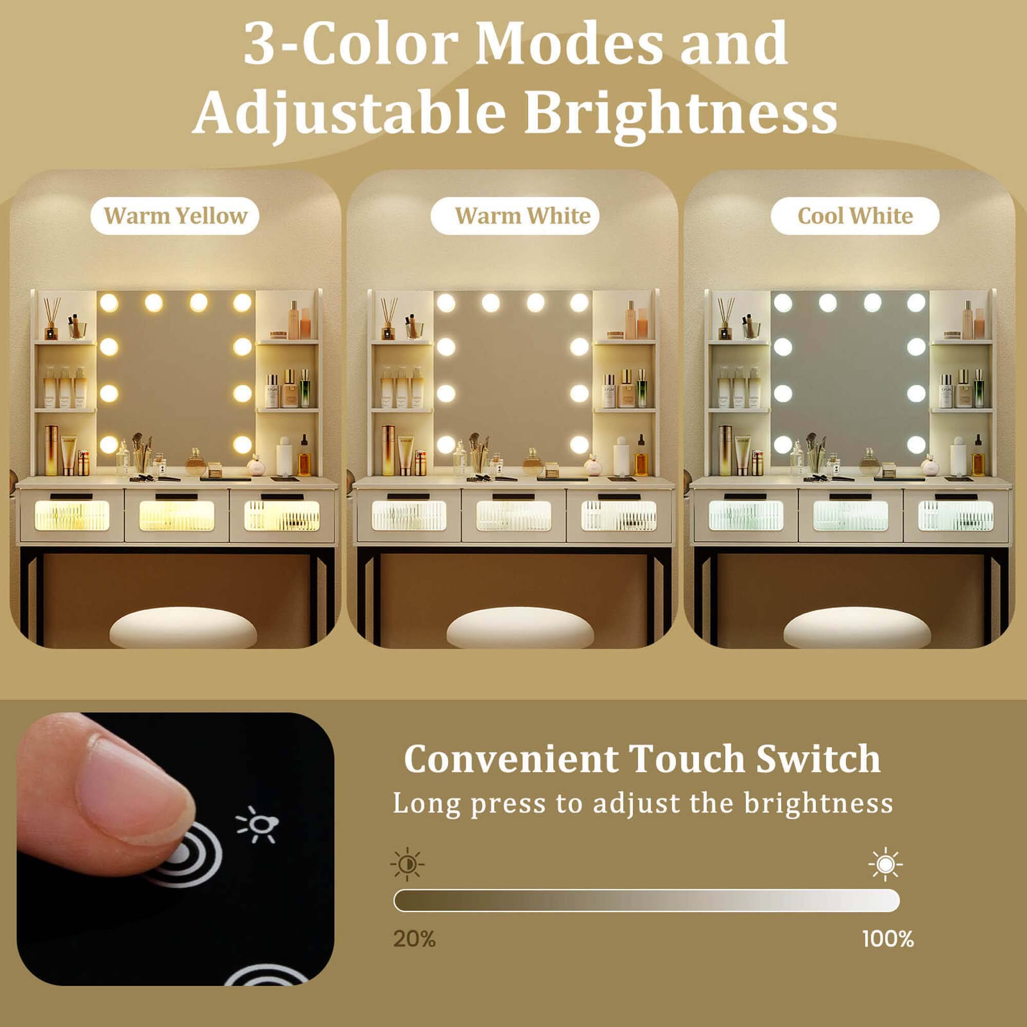 3-Color Modes and Adjustable Brightness

Warm Yellow  
Warm White  
Cool White  

Convenient Touch Switch  
Long press to adjust the brightness  

20%  
100%