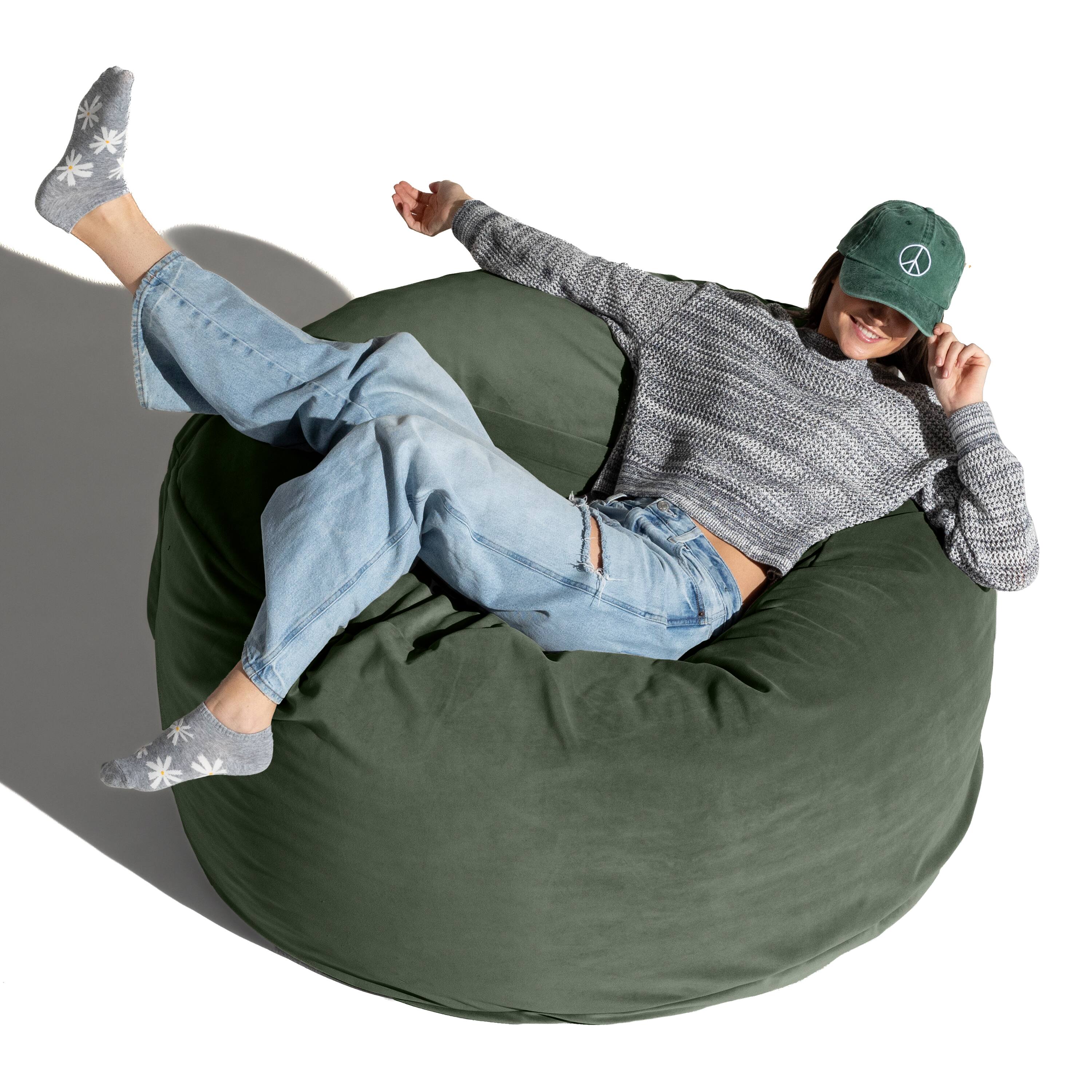 Left. Jaxx - Jaxx 4 Foot Saxx - Large Round Bean Bag Chair for Adults - Lush Velvet Green - Lush Velvet Green.