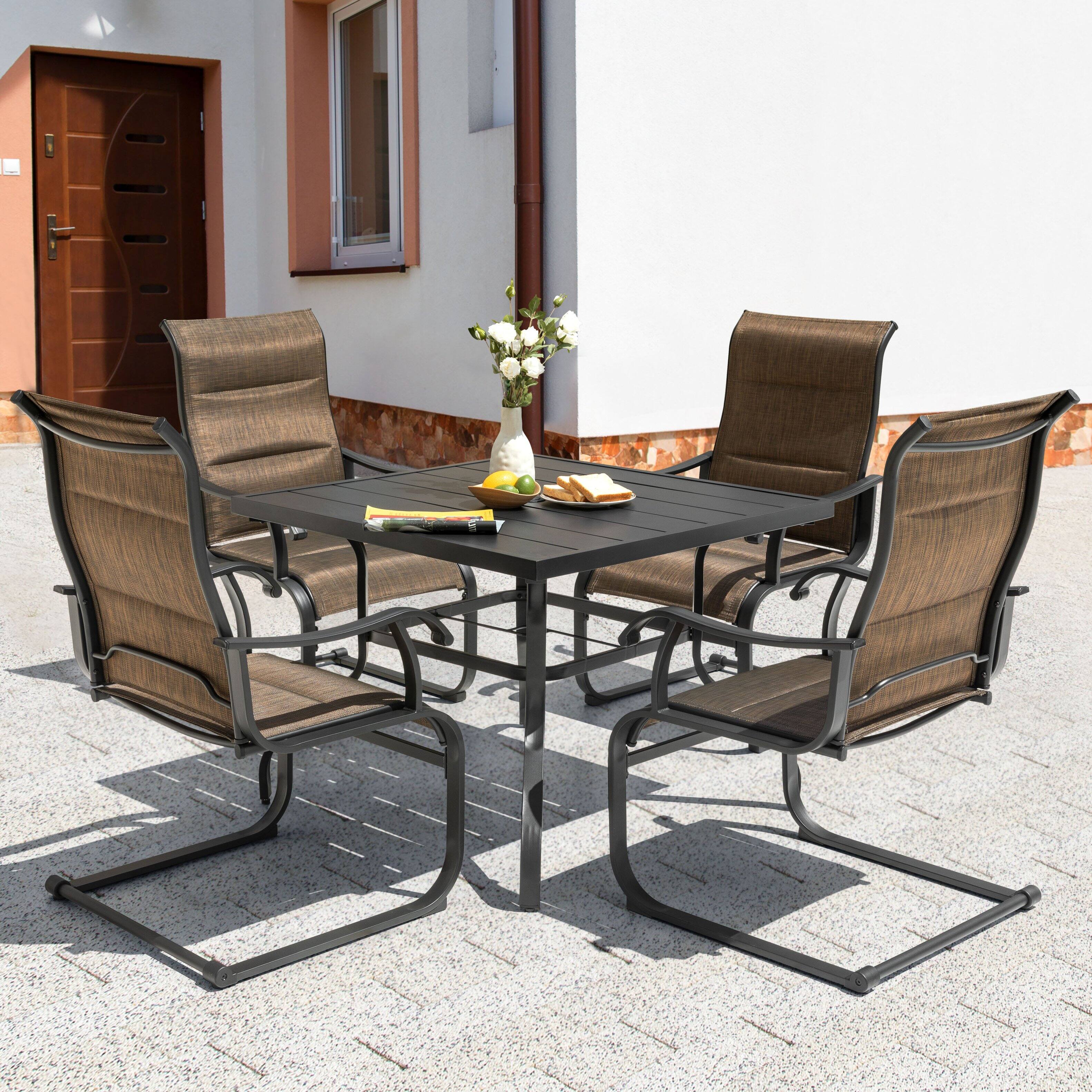 Left. Nuu Garden - Patio 5-Piece Dining Set, Premium Textilene Chairs, Square Iron Table - Brown.