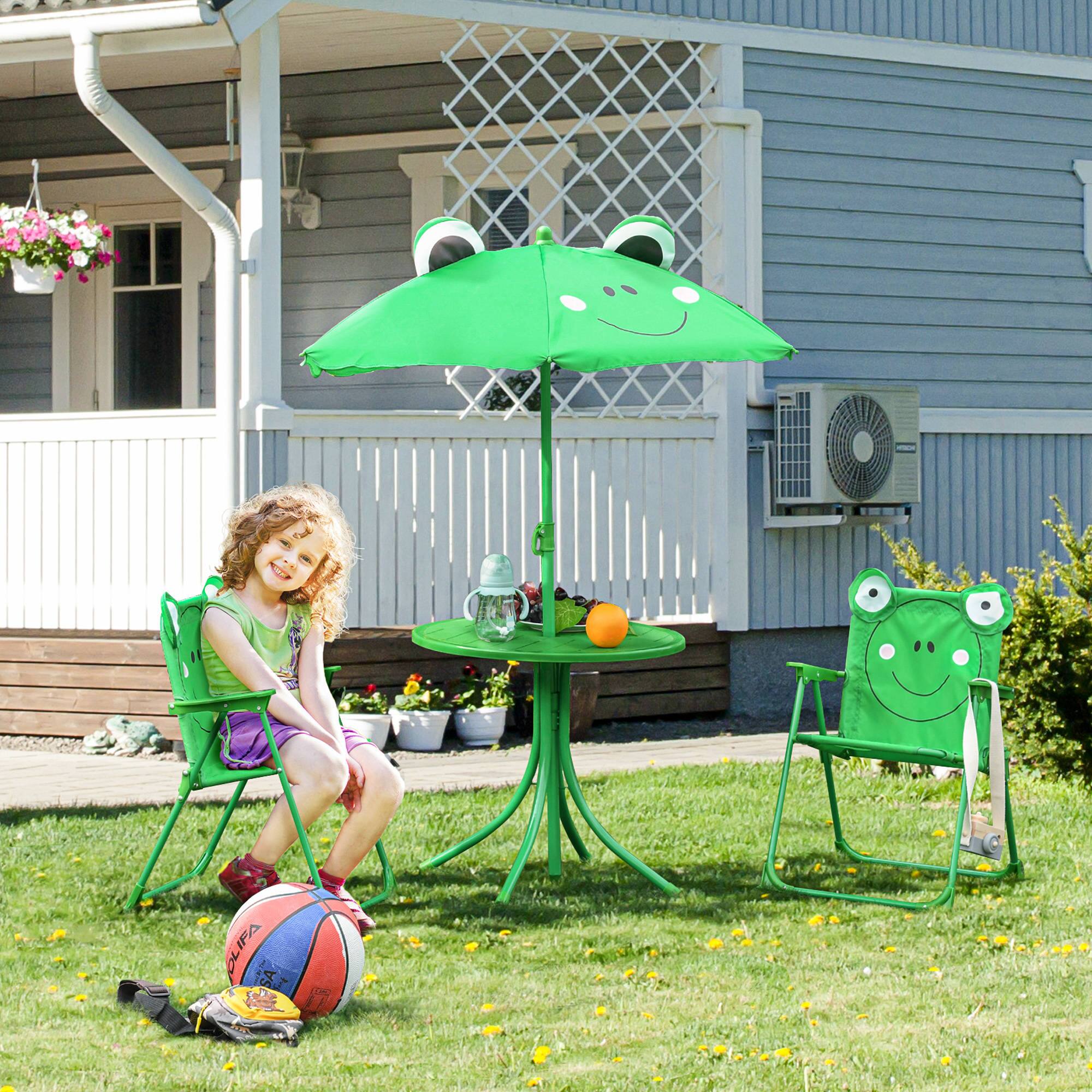 Angle. Outsunny - Folding Kids Table and Chair Set, Picnic Table with Frog Pattern Removable, Height Adjustable Sun Umbrella for Garden - Green.
