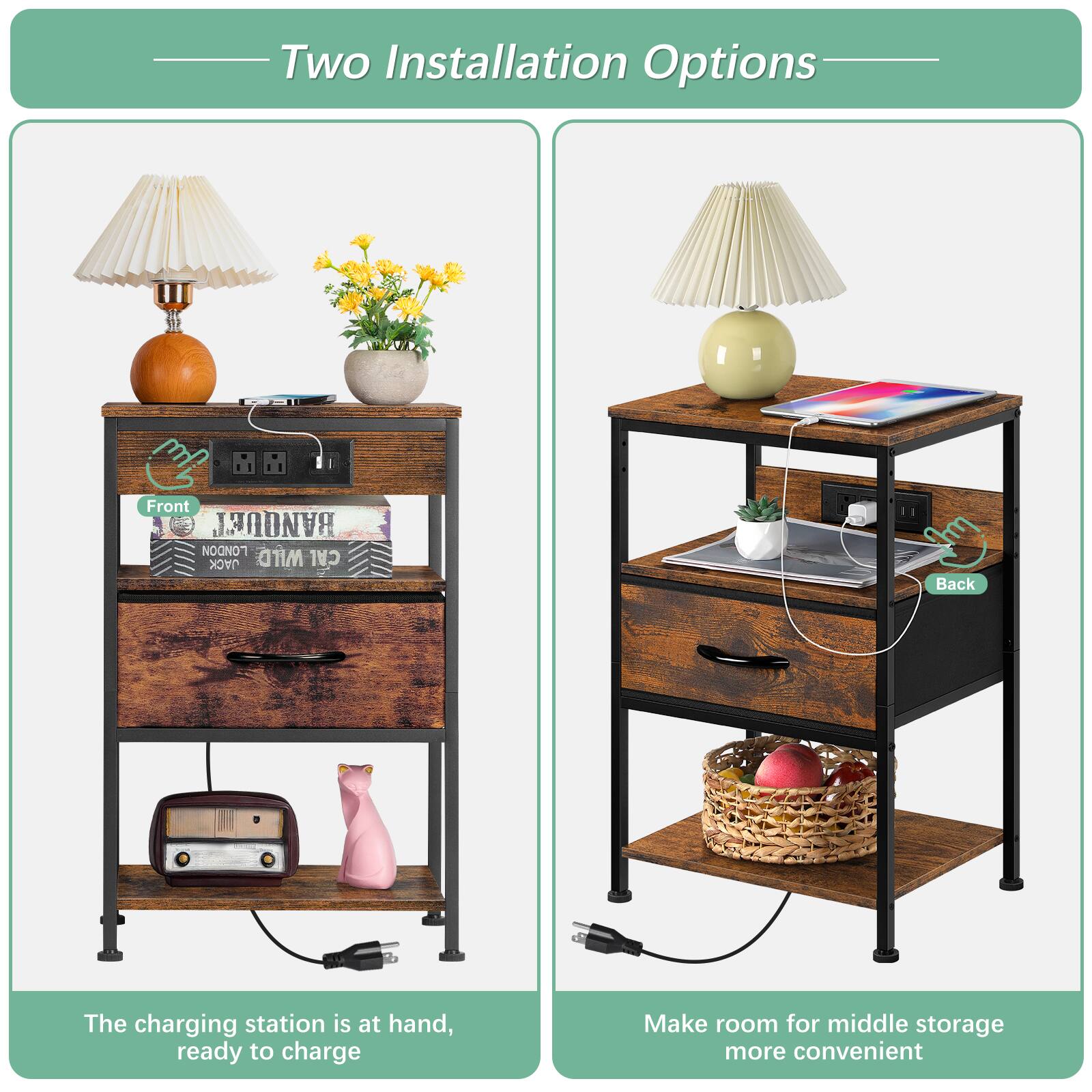 Two Installation Options

Front BANQUET LONDON JACK WILD CAL

The charging station is at hand, ready to charge

Make room for middle storage more convenient