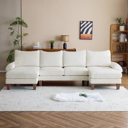 Alt View 6. Winado - U-Shape Sectional Sofa Set with Corduroy Fabric Home Furniture Reception Room - White.