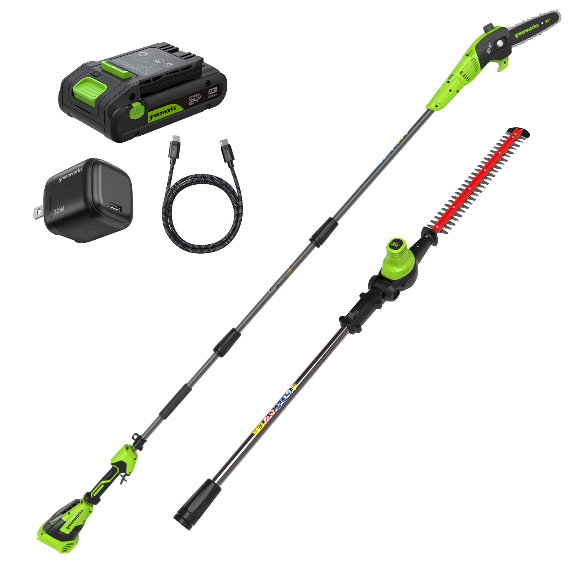 Greenworks - 24V Brushless 8" Pole Saw + 20" Pole Hedge Combo, with 2.0Ah Battery and 30W Type-C Charger