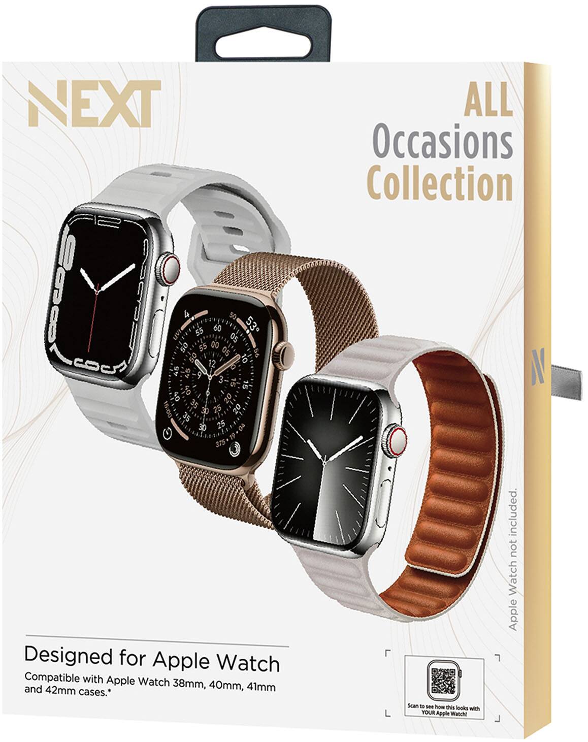 NEXT Spop IAN 50 50 55 55 12 00 60 05 50 05 10 53 3 15 40 35 20 30 25 20 35 30 25 375 Designed for Apple Watch Compatible with Apple Watch 38mm, 40mm, 41mm and 42mm cases. ALL Occasions Collection included. not Watch Apple 7

Scan to see how this looks with YOUR Apple Watch!