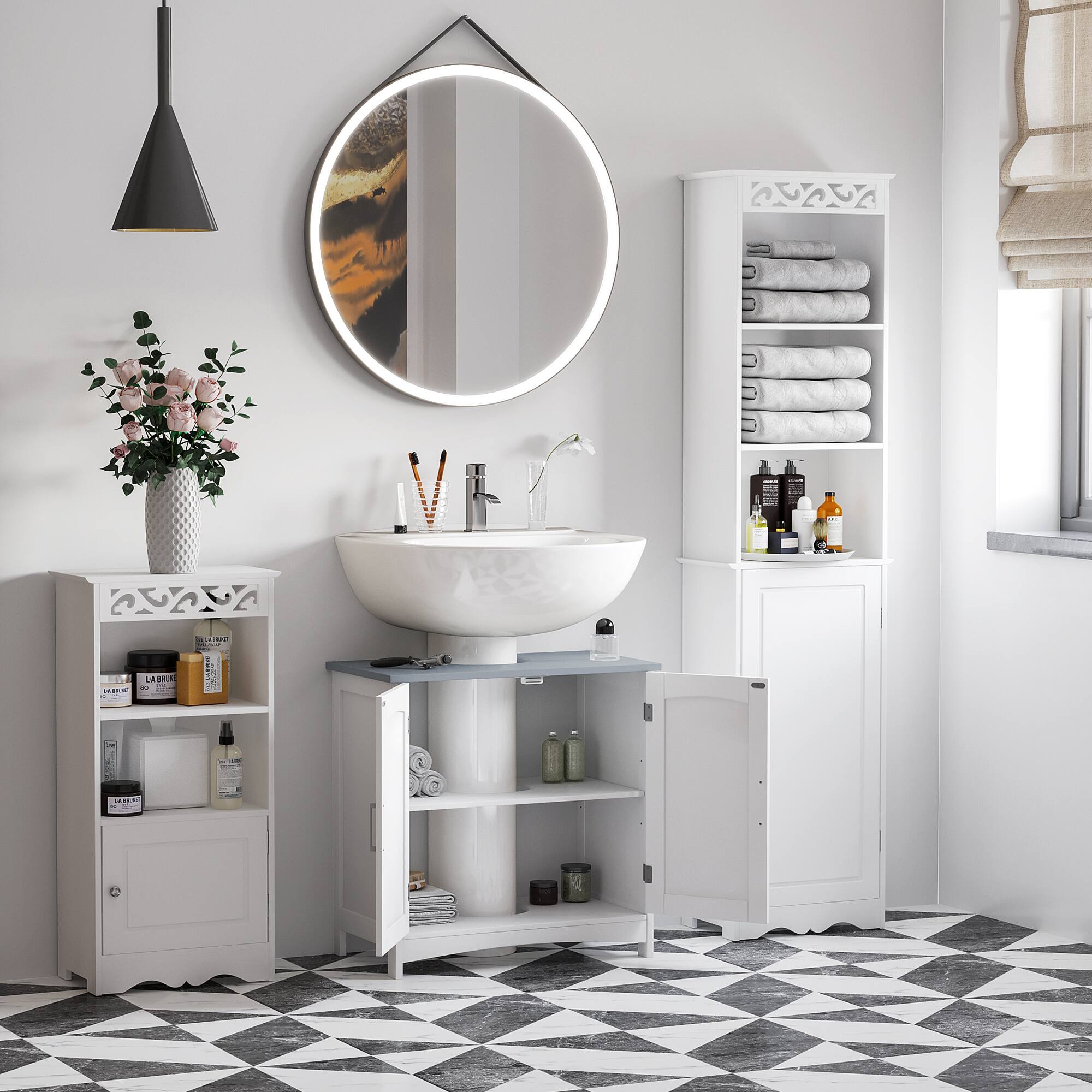 Alt View 8. Kleankin - Pedestal Sink Storage Cabinet, Under Sink Cabinet with Double Doors, Modern Bathroom Vanity Cabinet - White.