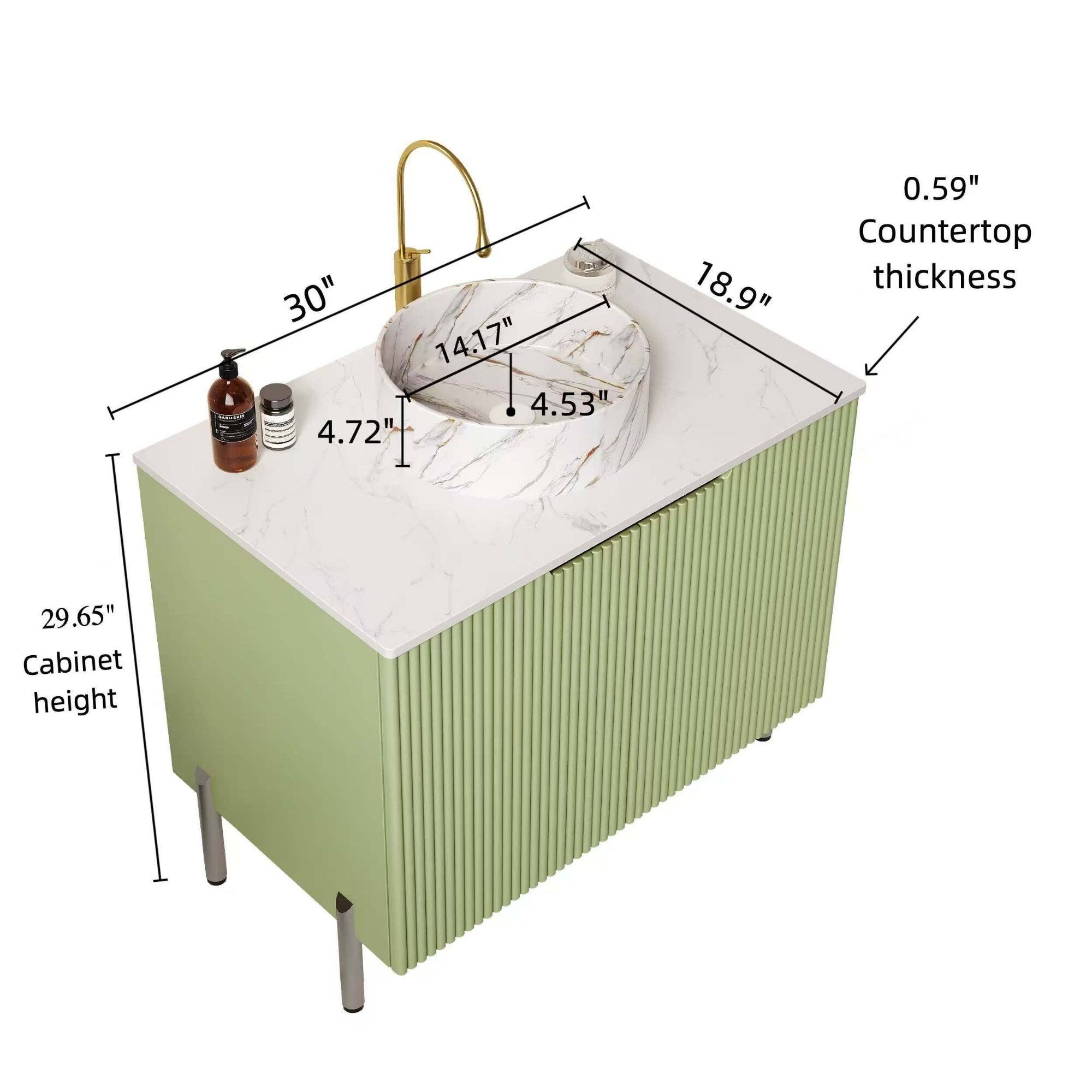 - 30"
- 14.17"
- 4.53"
- 4.72"
- 18.9"
- 0.59"
- Countertop thickness
- Cabinet height: 29.65"