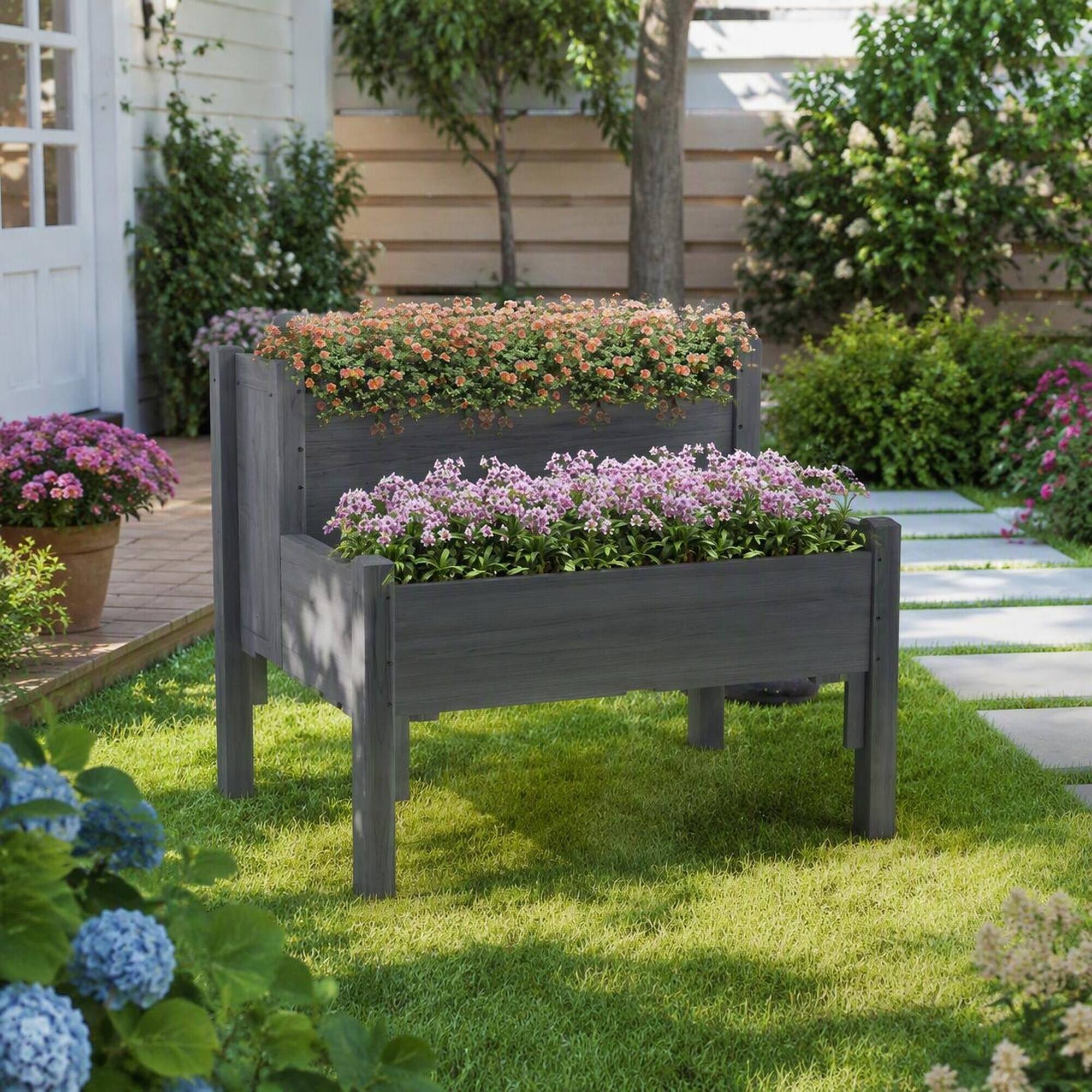 Alt View 2. RYHNUYNE - Raised Garden Bed 2-Tier Elevated Wood Planter Box for Patio Backyard to Grow Vegetables Herbs Flowers Gray - Gray.