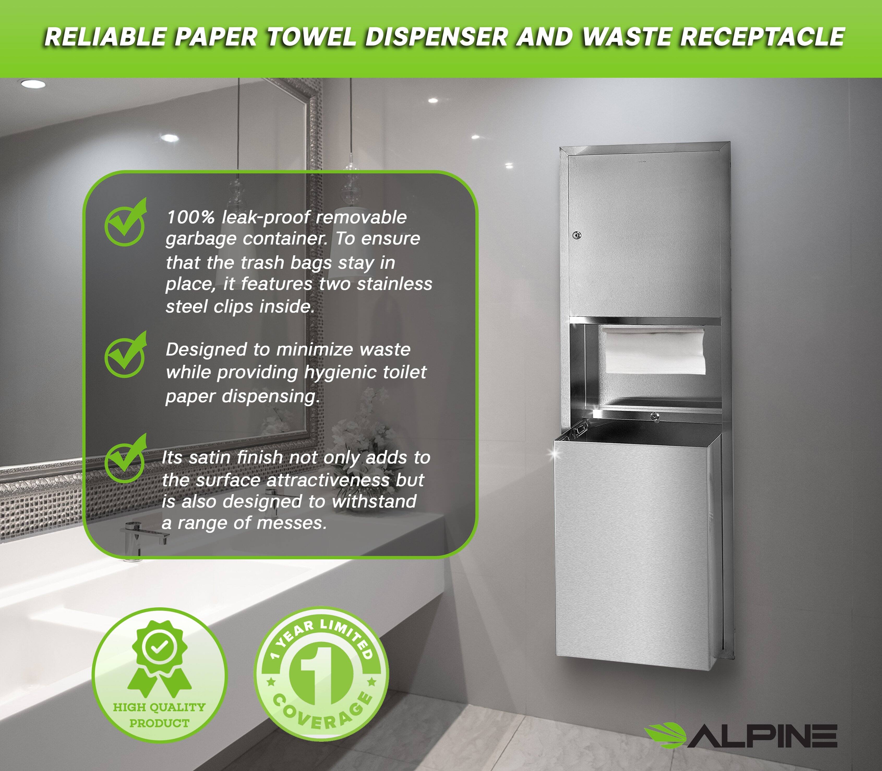 RELIABLE PAPER TOWEL DISPENSER AND WASTE RECEPTACLE

100% leak-proof removable garbage container. To ensure that the trash bags stay in place, it features two stainless steel clips inside.
Designed to minimize waste while providing hygienic toilet paper dispensing.
Its satin finish not only adds to the surface attractiveness but is also designed to withstand a range of messes.
HIGH QUALITY PRODUCT
YEAR LIMITED 1 COVERAGE
ALPINE