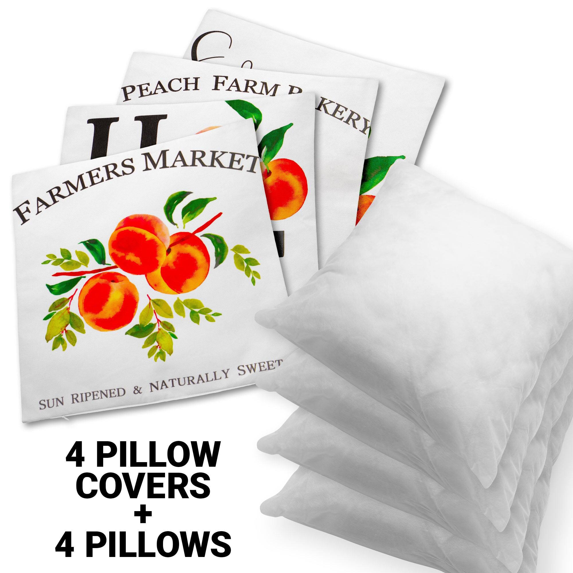 PEACH FARM DIV KERY MARKET  
FARMERS MARKET  
SUN RIPENED & NATURALLY SWEET  

4 PILLOW COVERS + 4 PILLOWS