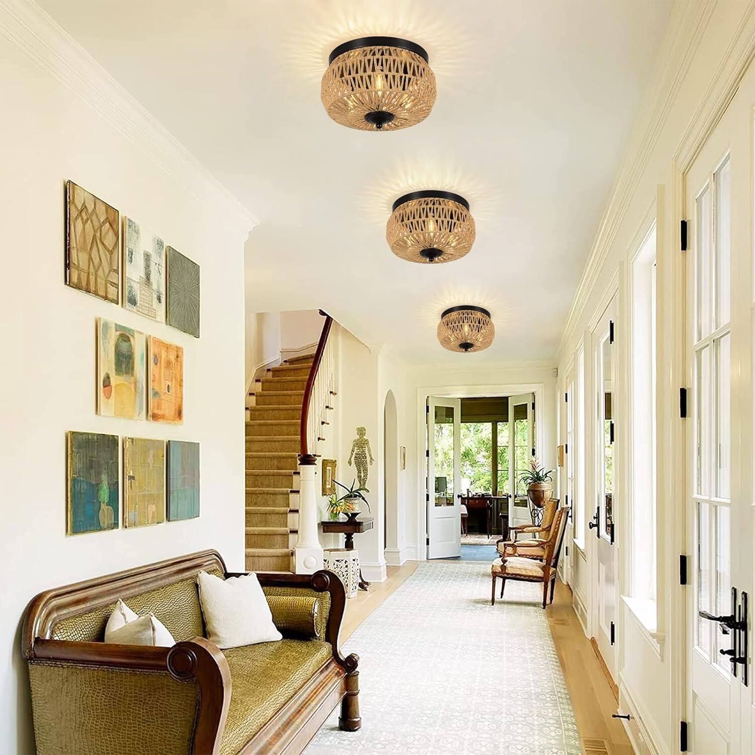 Alt View 4. Z-Edge - Rattan Ceiling Light Fixture, 3 Light Bohemian Modern Woven Ceiling Light, Boho Flush Mount Ceiling Light for Bedroom - Brown.