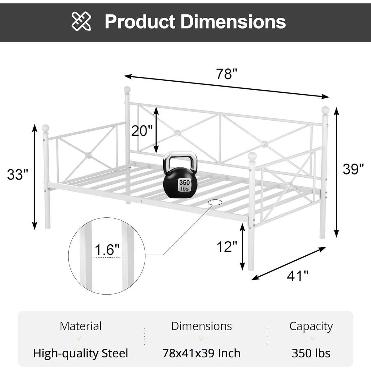 Product Dimensions: 78", 20", 33", 39", 1.6", 12", 41"

Material: High-quality Steel

Dimensions: 78x41x39 Inch

Capacity: 350 lbs