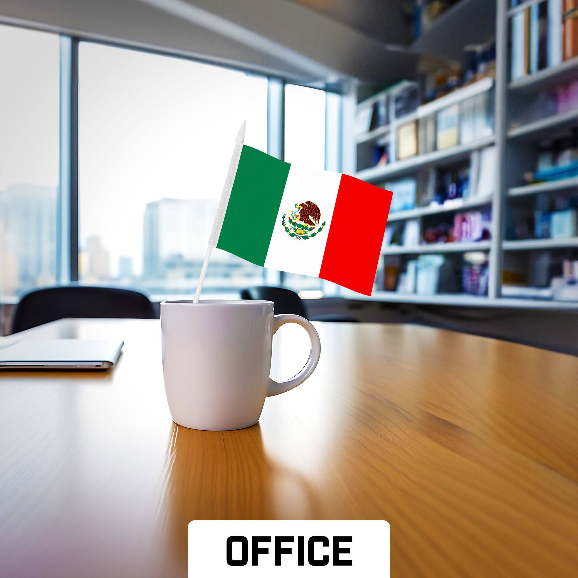 Left. G128 - 50-Pack Handheld Mexico Flags, 4 x 6 in, 150D Polyester with Plastic Stick and Spear Tip. - Assorted Colors.