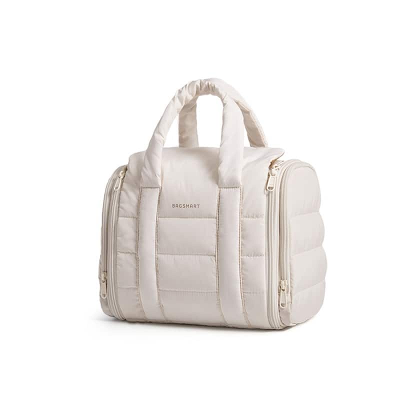 Bagsmart - Puffy Hanging Toiletry Bag for Travel, Full-Sized Makeup Bag, Water-Resistant Cosmetic Bag with Removable Partition - White