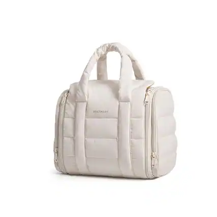 Front. Bagsmart - Puffy Hanging Toiletry Bag for Travel, Full-Sized Makeup Bag, Water-Resistant Cosmetic Bag with Removable Partition - White.