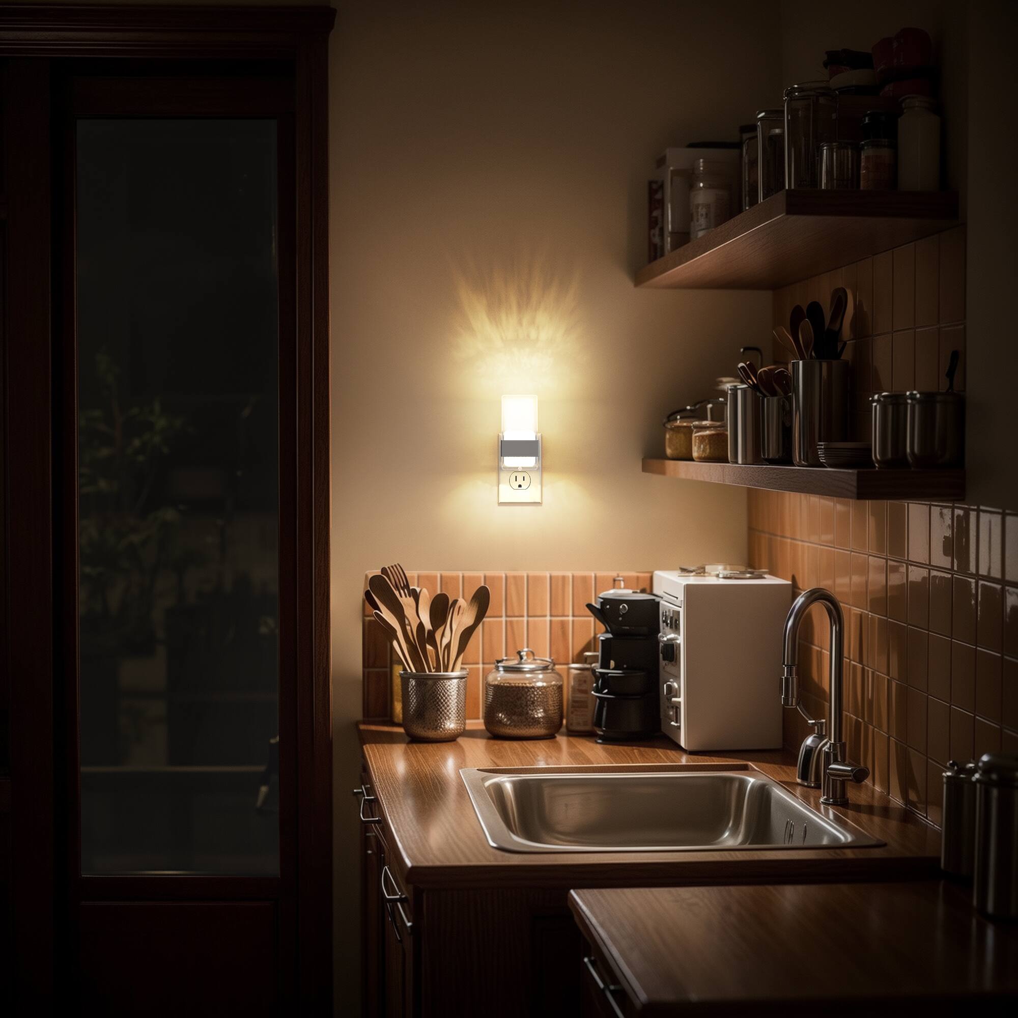 Alt View 3. Jandcase - JANDCASE 2-Pack 1W  Plug-in Night Light, 3000K Warm Glow, Satin Nickel Accent, Up/Down Light,Light Sensor - Silver.