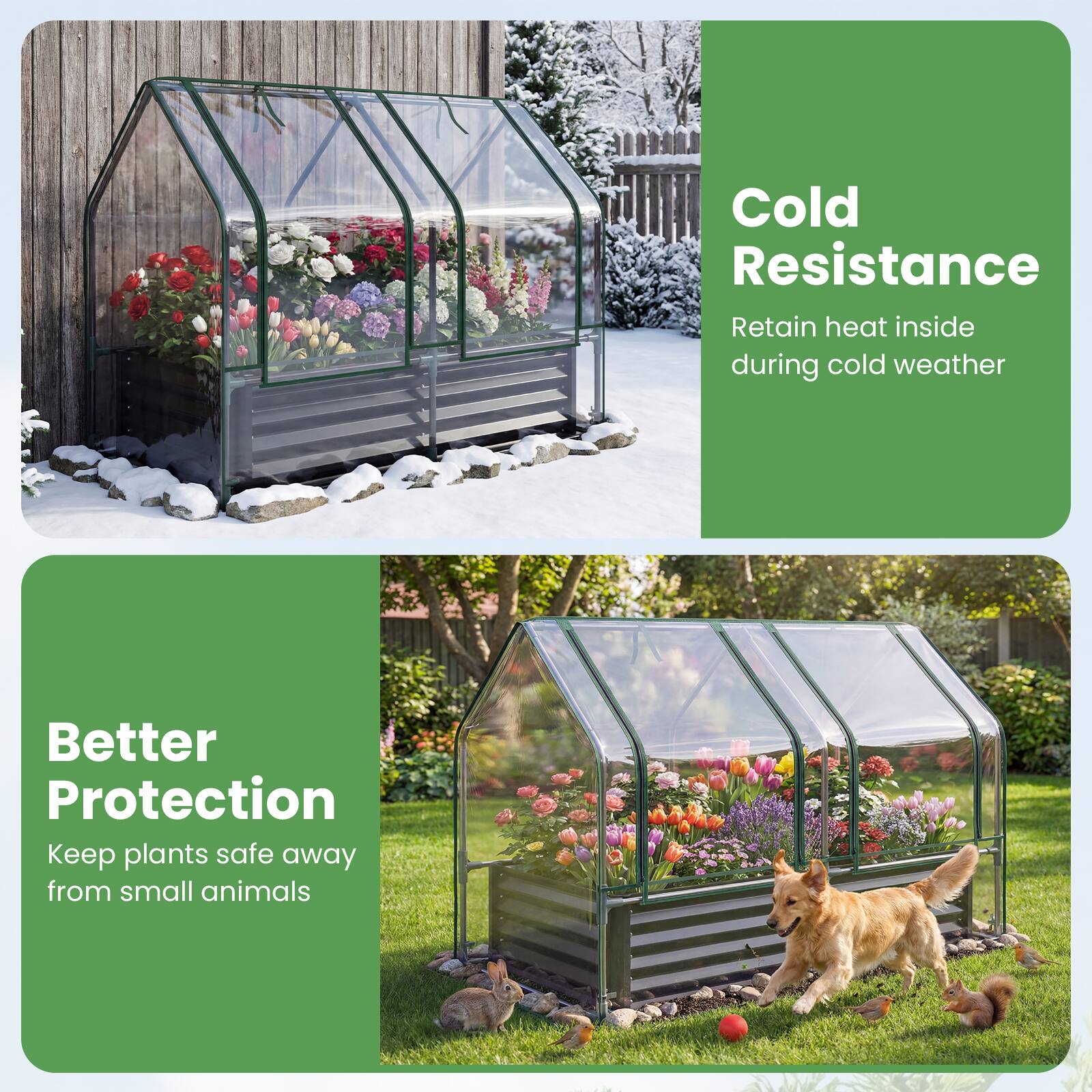 Cold Resistance  
Retain heat inside during cold weather  

Better Protection  
Keep plants safe away from small animals