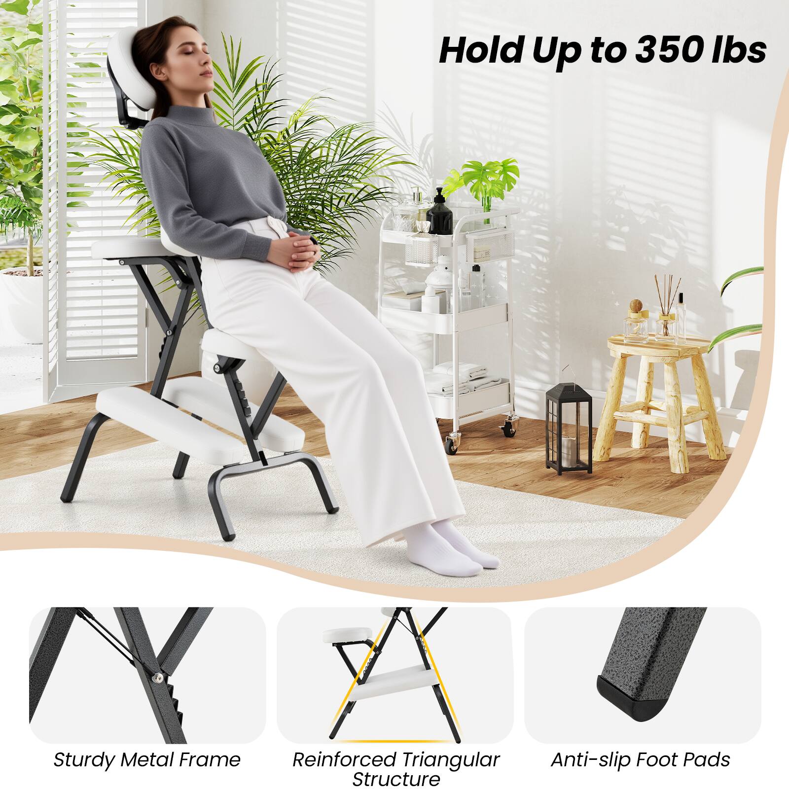 Hold Up to 350 lbs

1 x Sturdy Metal Frame
Reinforced Triangular Structure
Anti-slip Foot Pads