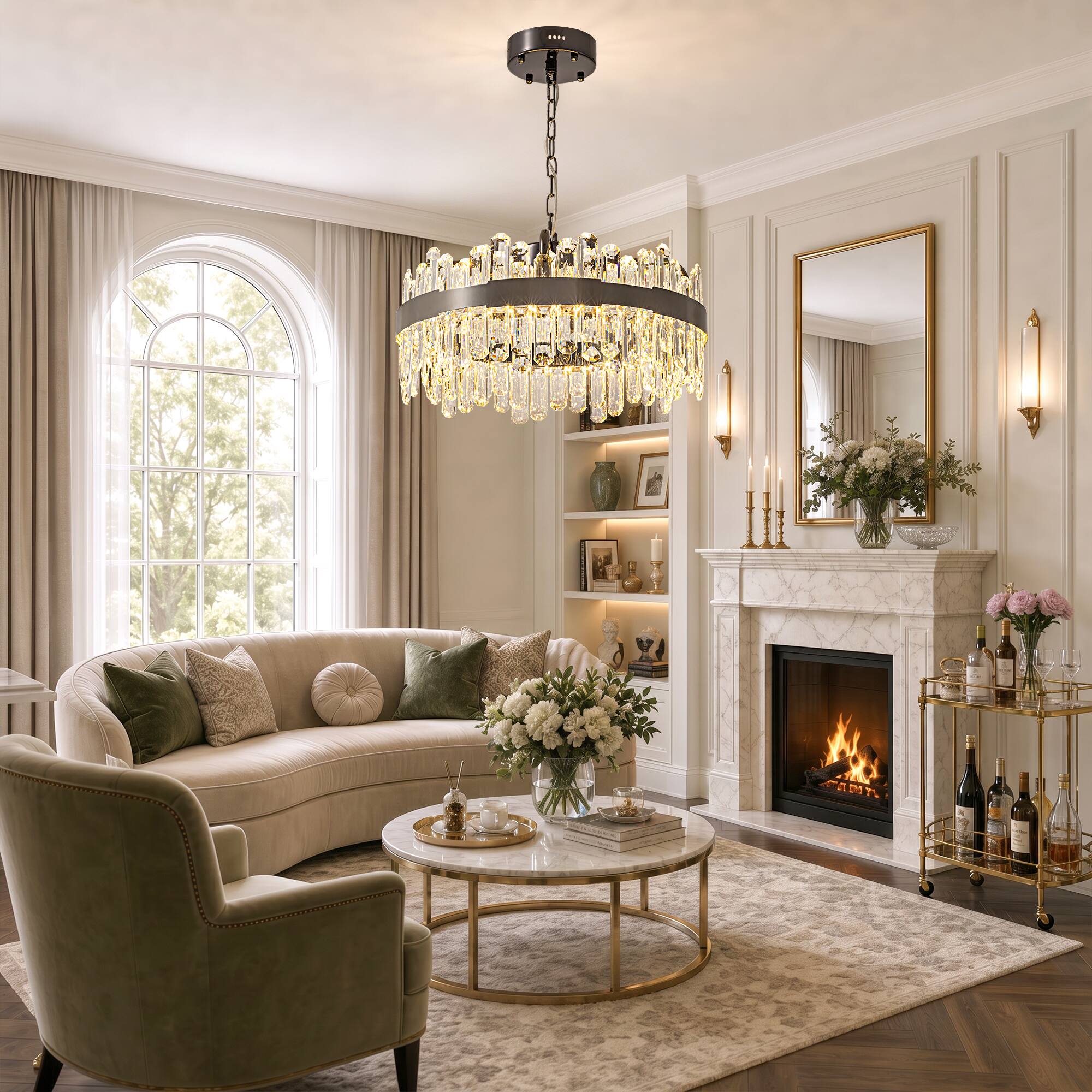 Back. Siljoy - 24-inch  Modern Round Clear Crystal Chandelier Dimmable Color Changing Pendant for Kitchen Island - Polished Nickel.