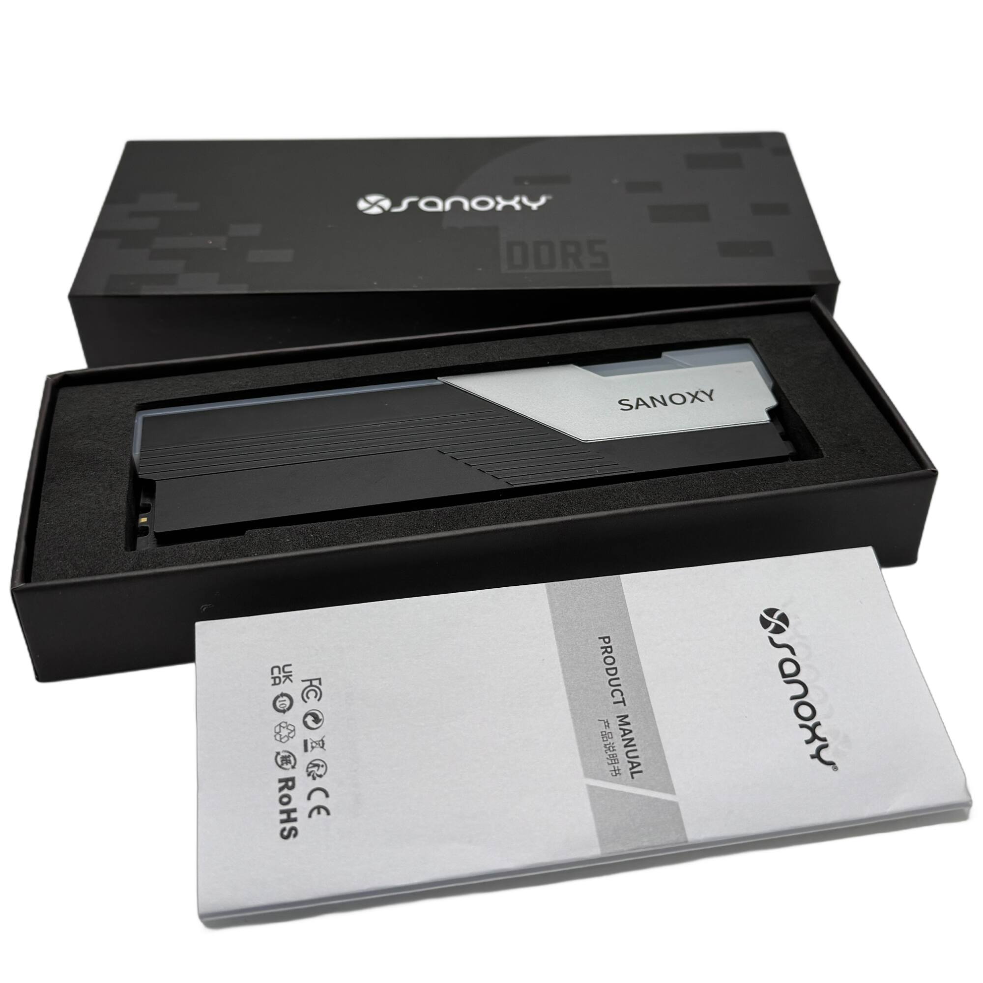 Sure, here is the corrected and grouped text from the image:

**Box:**
- SANXY
- DDORS

**Device:**
- SANXY

**Manual:**
- SANXY
- PRODUCT MANUAL
- 产品说明书

**Certifications:**
- CE
- RoHS
- FCC