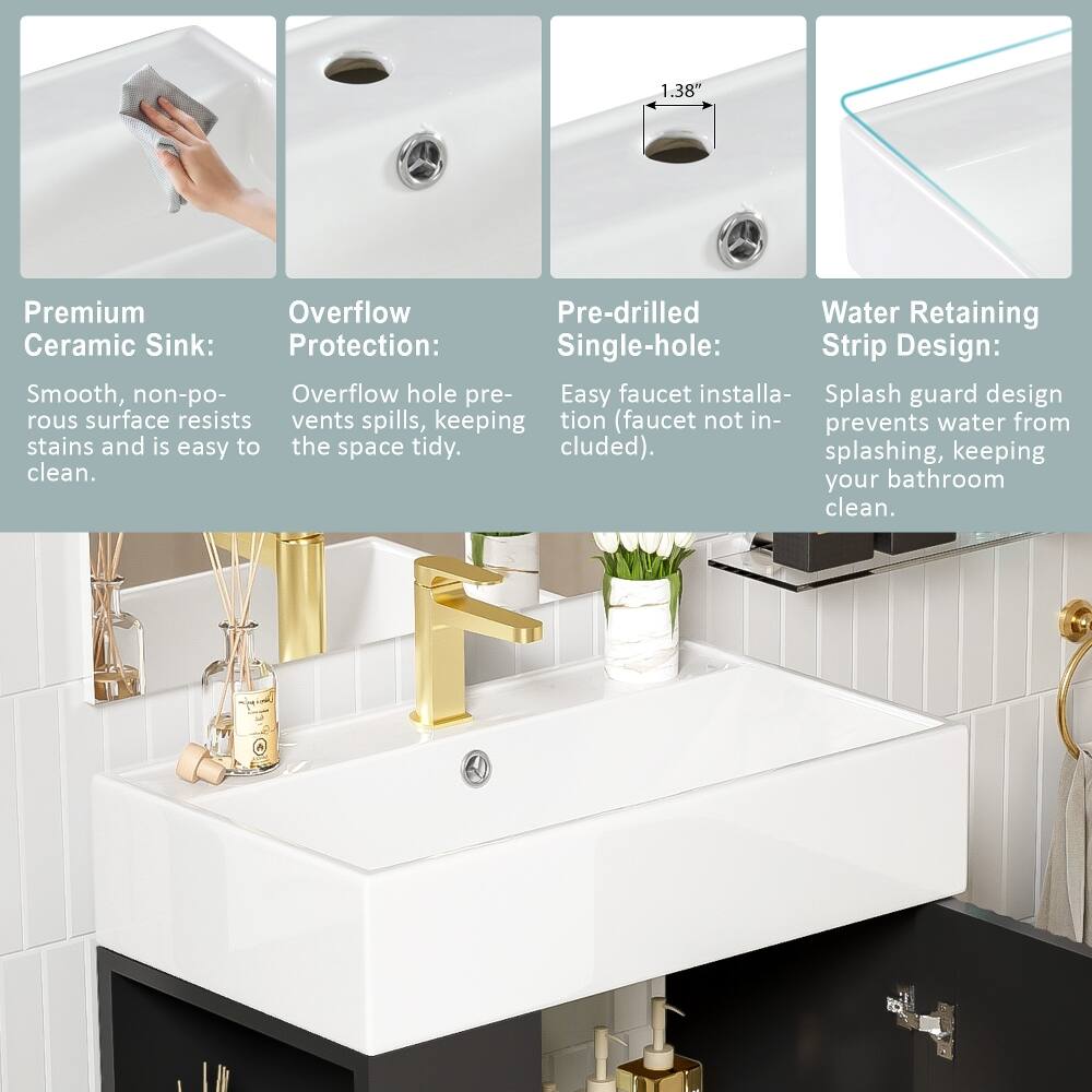 1.38" Premium Overflow Pre-drilled Water Retaining Ceramic Sink:  
- Protection: Single-hole  
- Strip Design: Smooth, non-porous surface resists stains and is easy to clean.  
- Overflow hole pre-vents spills, keeping the space tidy.  
- Easy faucet installation (faucet not included).  
- Splash guard design prevents water from splashing, keeping your bathroom clean.
