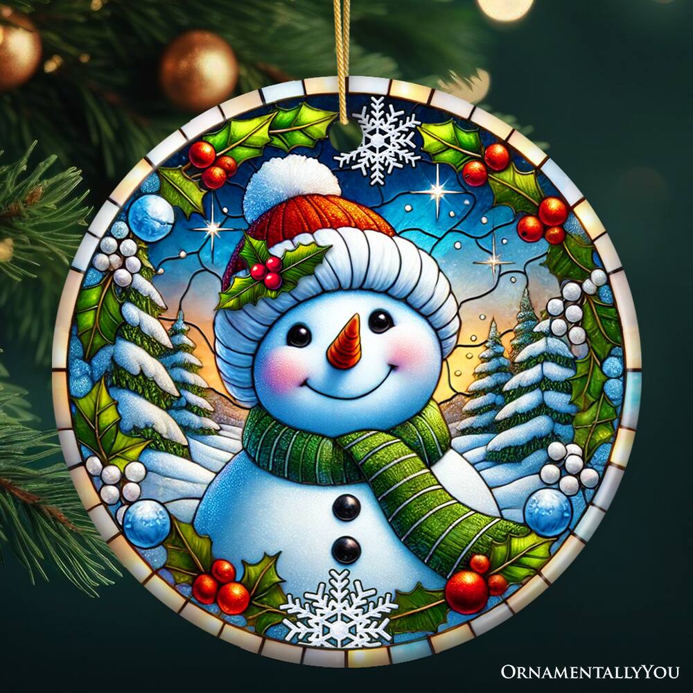 Back. OrnamentallyYou - Frosty and Holly Snowman Ornament Gift and Decor for Cheerful Winter Christmas Tree Version 4 - Multi-colored.
