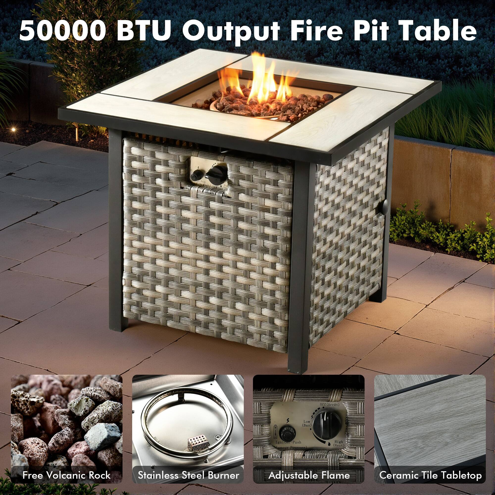 50000 BTU Output Fire Pit Table

- Free Volcanic Rock
- Stainless Steel Burner
- Adjustable Flame
- Ceramic Tile Tabletop