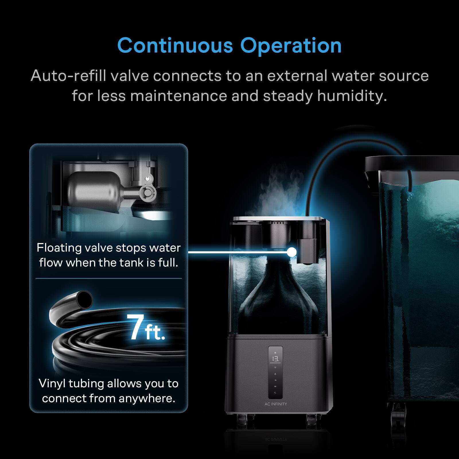 Continuous Operation  
Auto-refill valve connects to an external water source for less maintenance and steady humidity.  
Floating valve stops water flow when the tank is full.  
7 ft.  
Vinyl tubing allows you to connect from anywhere.  
- AC INFINITY  
YC MENU