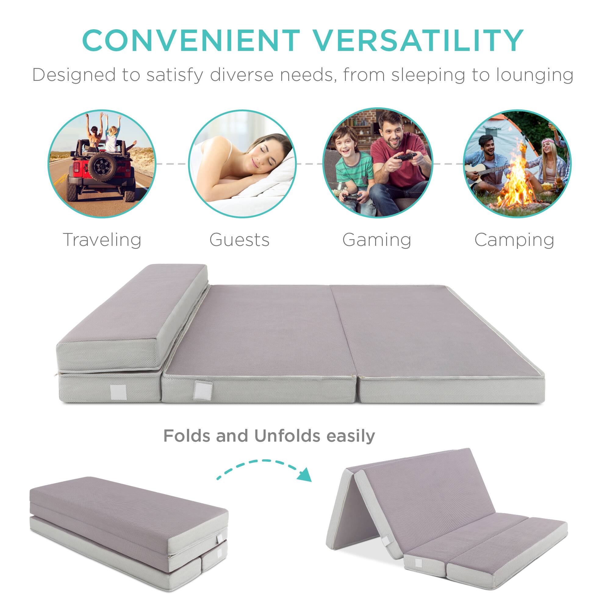CONVENIENT VERSATILITY  
Designed to satisfy diverse needs, from sleeping to lounging  

Traveling  
Guests  
Gaming  
Camping  

Folds and Unfolds easily