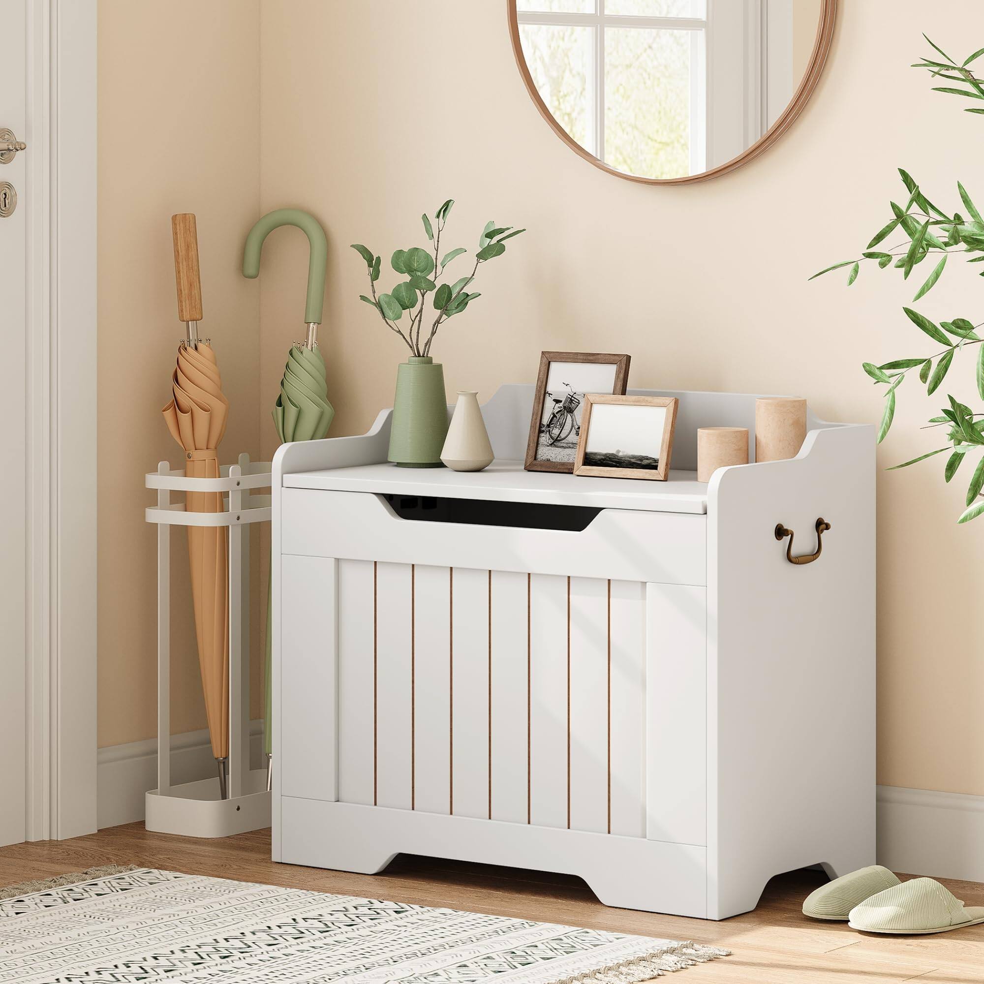 Angle. Jojoka - Wooden Storage Bench with Safety Hinge, Flip Top Blanket Chest Trunks, Supports 350 Lb, for Entryway - White.