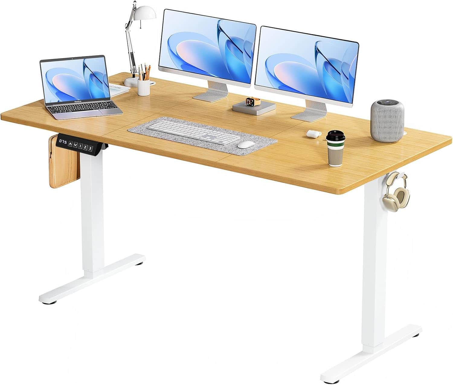 AOITUN - Electric Adjustable Height Standing Desk, 63 inch Sit to Stand Up Desk with Splice Board, Rising Home Office Table - Oak
