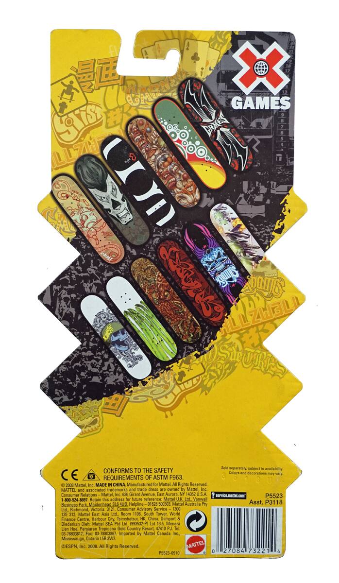 Sure, here is the corrected and grouped text from the image:

---

**Top Left:**
- 曼威
- X GAMES

**Top Right:**
- X GAMES

**Center:**
- LYIN
- CHIN
- SNEAKERS

**Bottom Left:**
- CONFORMS TO THE SAFETY REQUIREMENTS OF ASTM F963.3 2008
- Mattel, Inc. MADE IN CHINA. Manufactured for Mattel All Rights Reserved.
- Consumer Relations Mattel, Inc. 636 Girard Avenue East Aurora, NY 14052 U.S.A service.mattel.com
- Retain this address for future reference: Mattel U.K Ltd. Vanwall Maidenhead SL6 4UB Helpline 01628 500303
- Mattel Australia Pty Asst. P3118 Business Park, Ltd., Richmond, Victoria 3121. Consumer Advisory Service 1300 135 312.
- Mattel East Asia Ltd. Room 1106. South Tower, World Finance Centre, Harbour City. Tsimshatsui, HK,