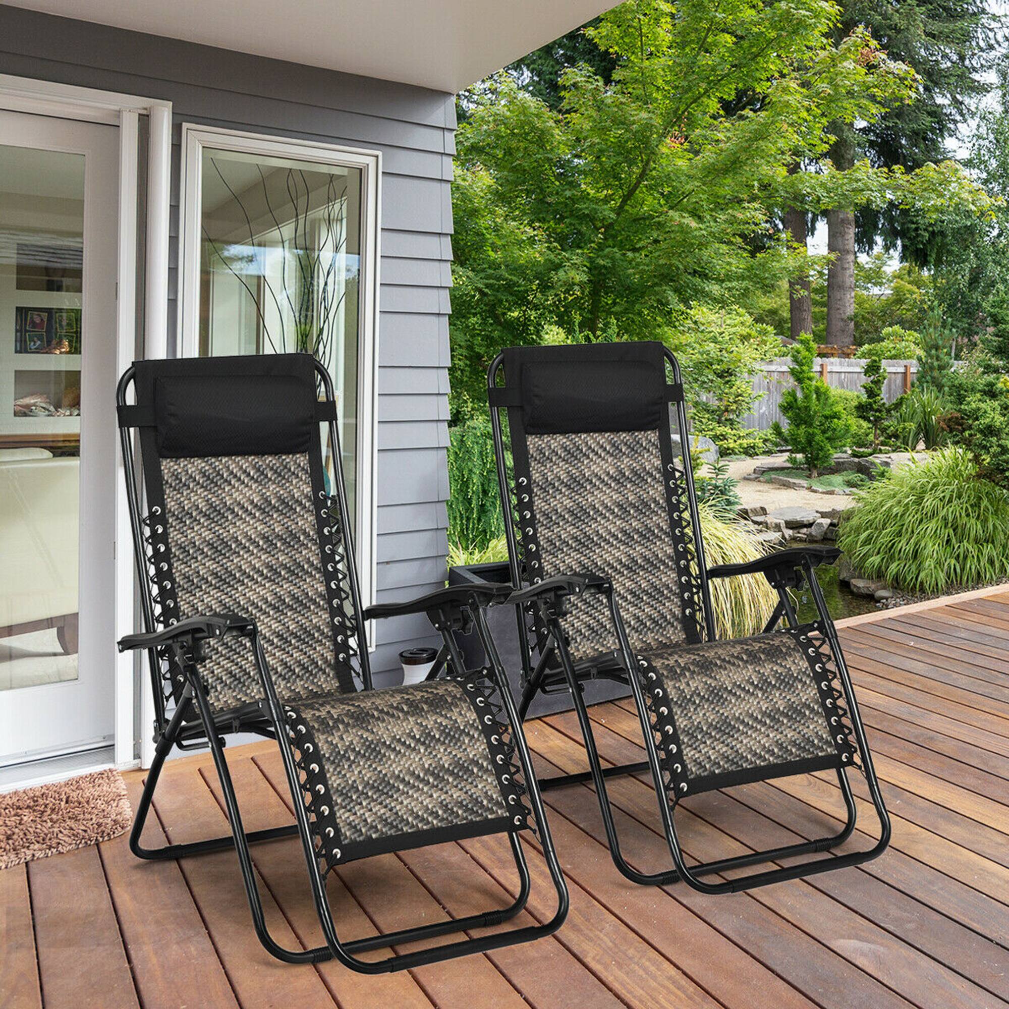 Front. Gymax - Gymax Set of 2 Folding Rattan Patio Zero Gravity Lounge Chair Recliner w/ Headrest - Gray.