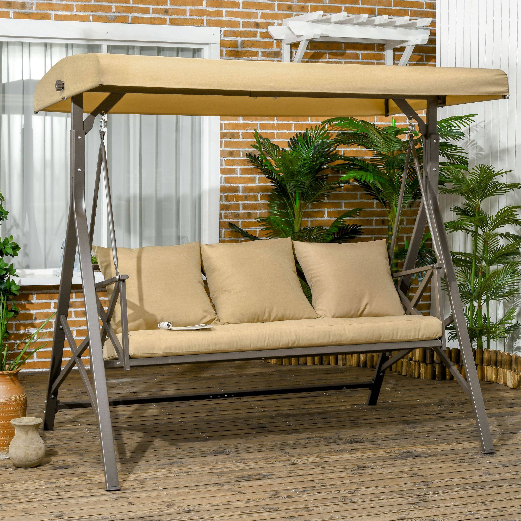 Alt View 1. Outsunny - 3-Seat Patio Swing Chair, Porch Swing Glider with Cushion, 3 Throw Pillows & Adjustable Canopy for Porch - Khaki.