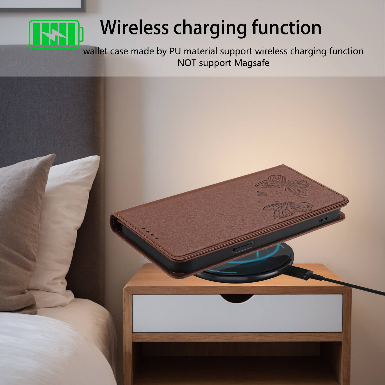 Wireless charging function

wallet case made by PU material support wireless charging function NOT support MagSafe