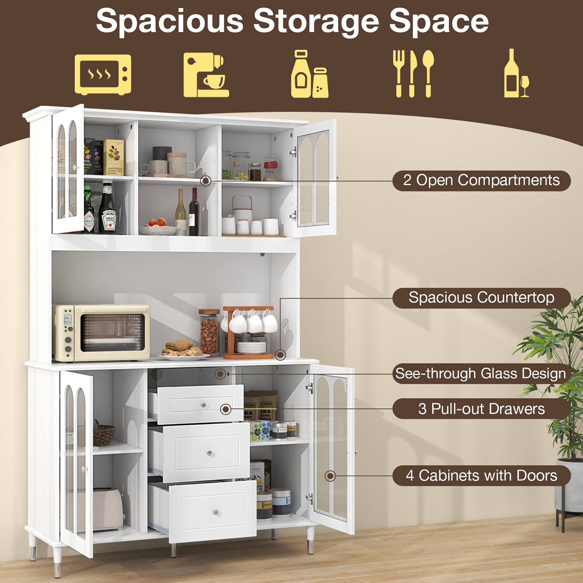 Spacious Storage Space

- 2 Open Compartments
- Spacious Countertop
- See-through Glass Design
- 3 Pull-out Drawers
- 4 Cabinets with Doors