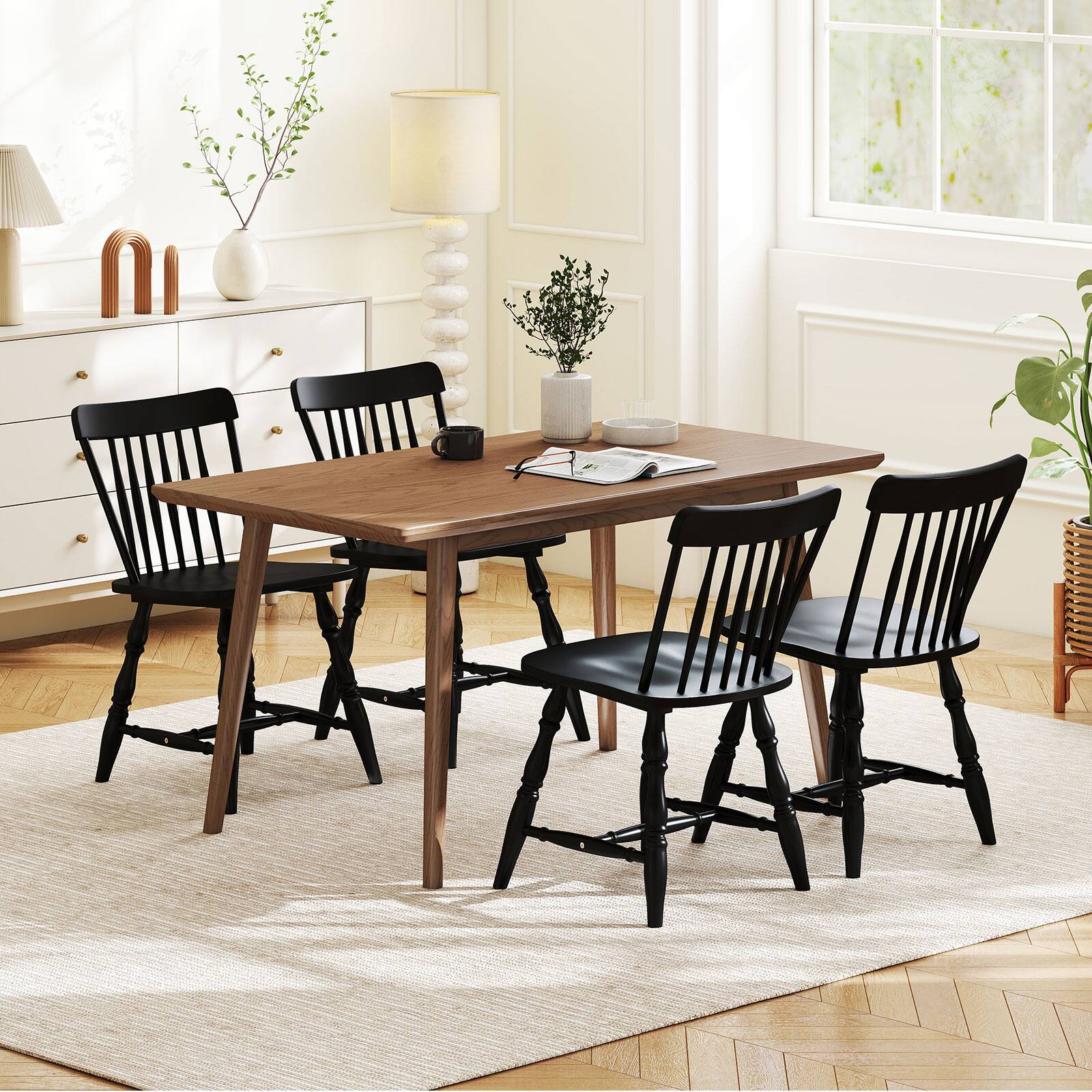 Alt View 1. Costway - Costway Windsor Dining Chairs Set of 4 with Turned Legs Curved Spindle Back for Living Room - Black.