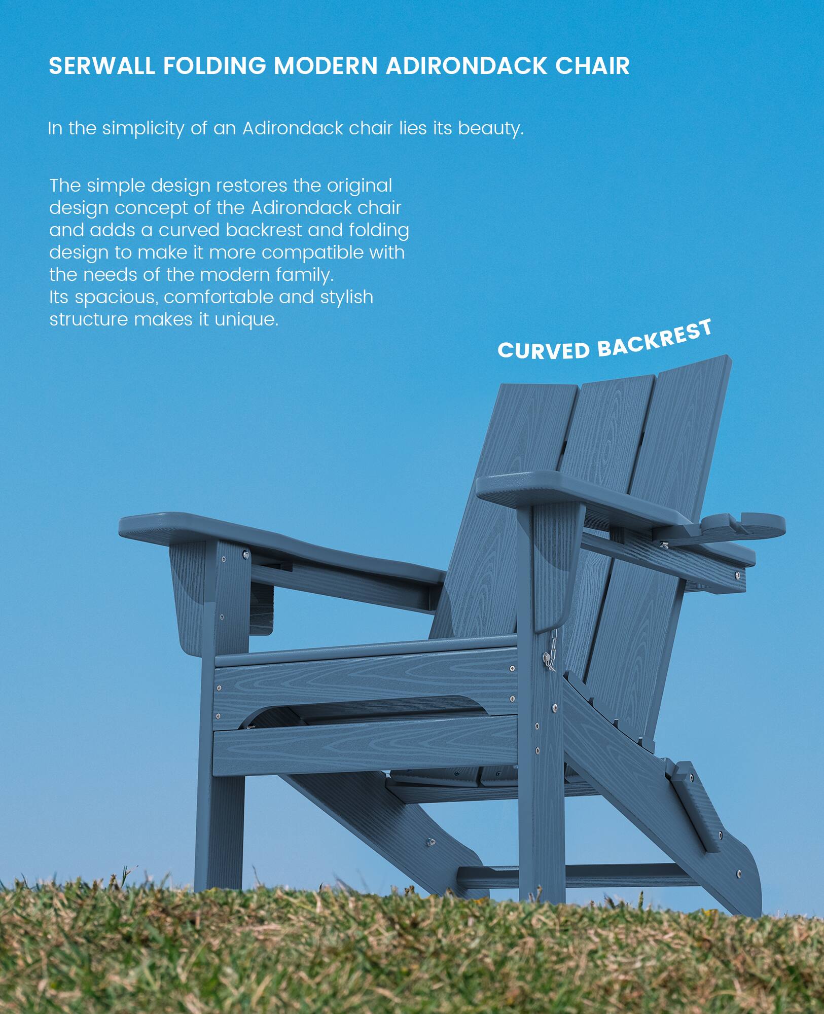SERWALL Modern Folding Adirondack Chair with Cup Holders, HDPE All ...