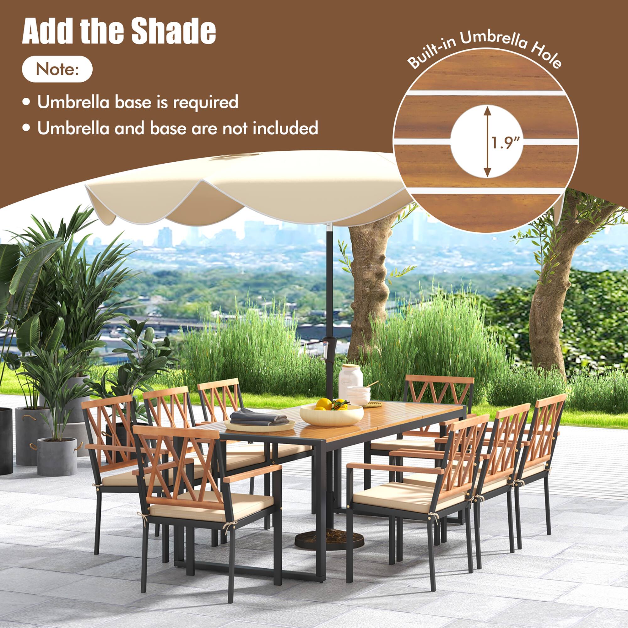 Add the Shade

Note:
Umbrella base is required
Umbrella and base are not included
Built-in Umbrella Hole 1.9"