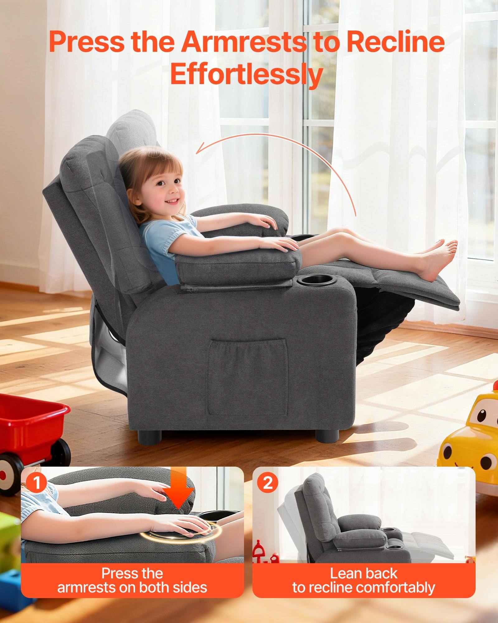 Press the Armrests to Recline Effortlessly

1. Press the armrests on both sides
2. Lean back to recline comfortably