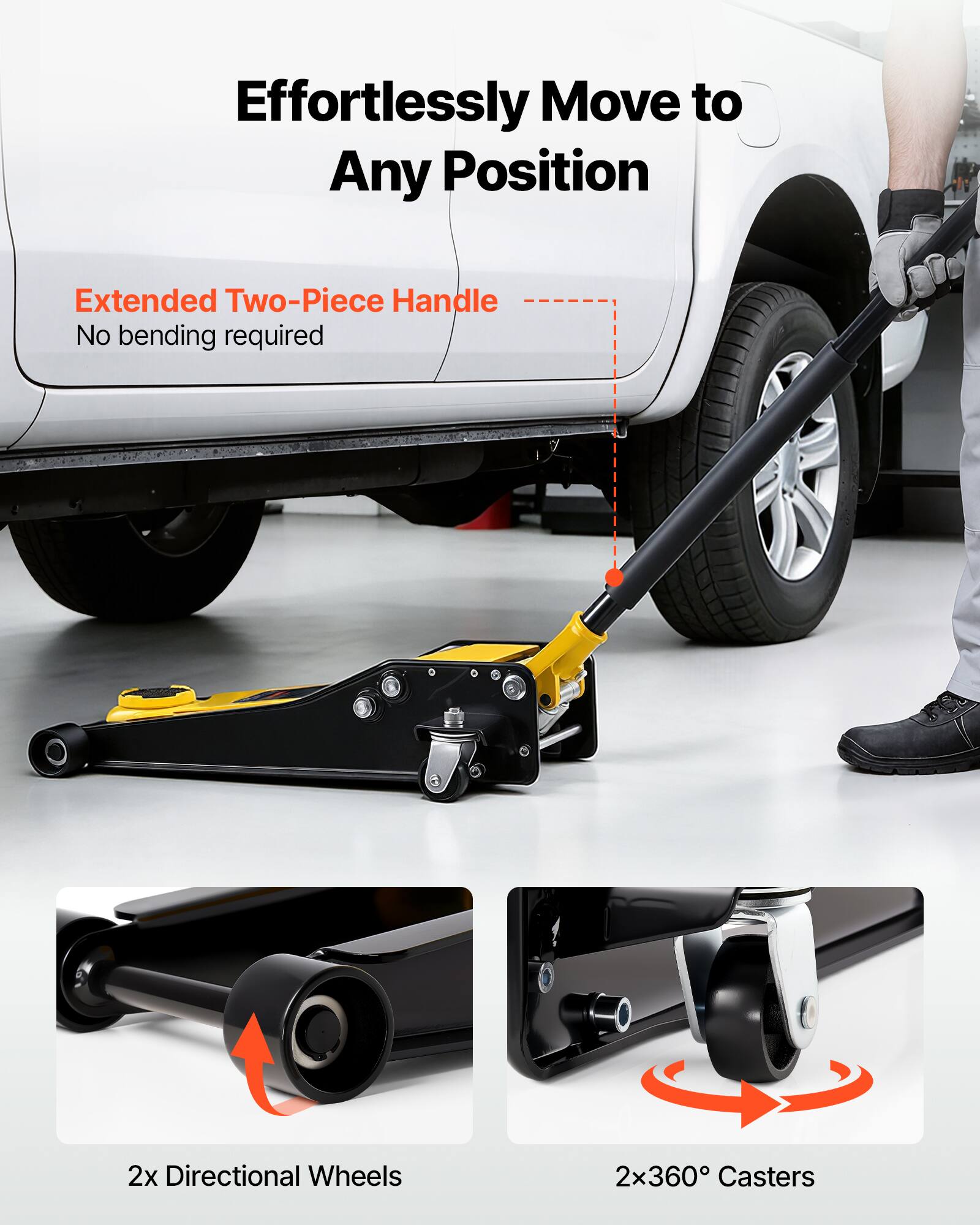 Effortlessly Move to Any Position

Extended Two-Piece Handle
No bending required

2x Directional Wheels
2x360° Casters