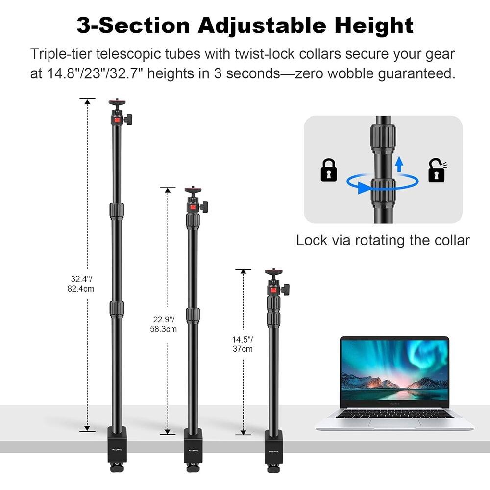 3-Section Adjustable Height

Triple-tier telescopic tubes with twist-lock collars secure your gear at 14.8"/23"/32.7" heights in 3 seconds—zero wobble guaranteed.

Lock via rotating the collar

32.4" / 82.4cm

22.9" / 58.3cm

14.5" / 37cm
