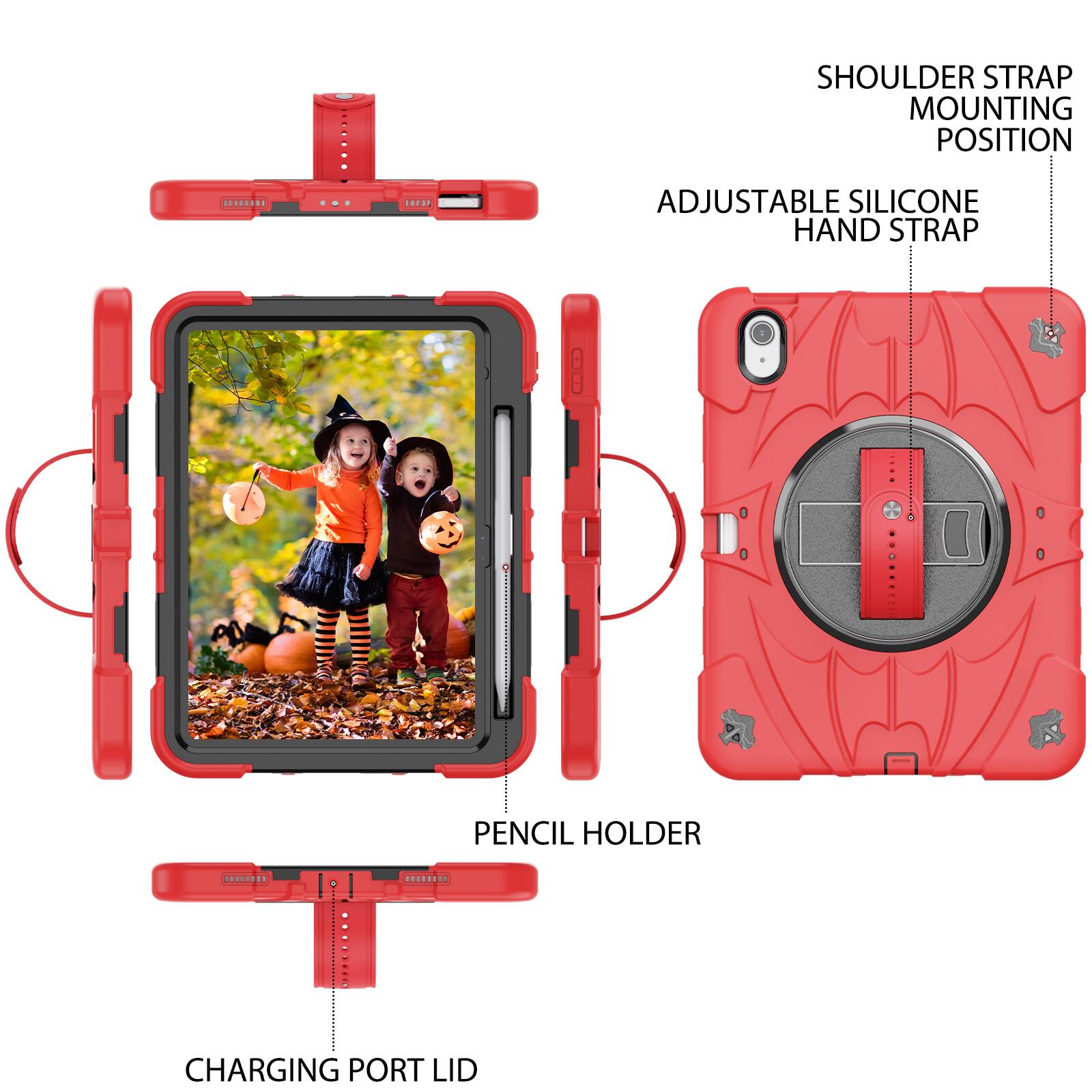 SHOULDER STRAP MOUNTING POSITION  
ADJUSTABLE SILICONE HAND STRAP  
PENCIL HOLDER  
CHARGING PORT LID