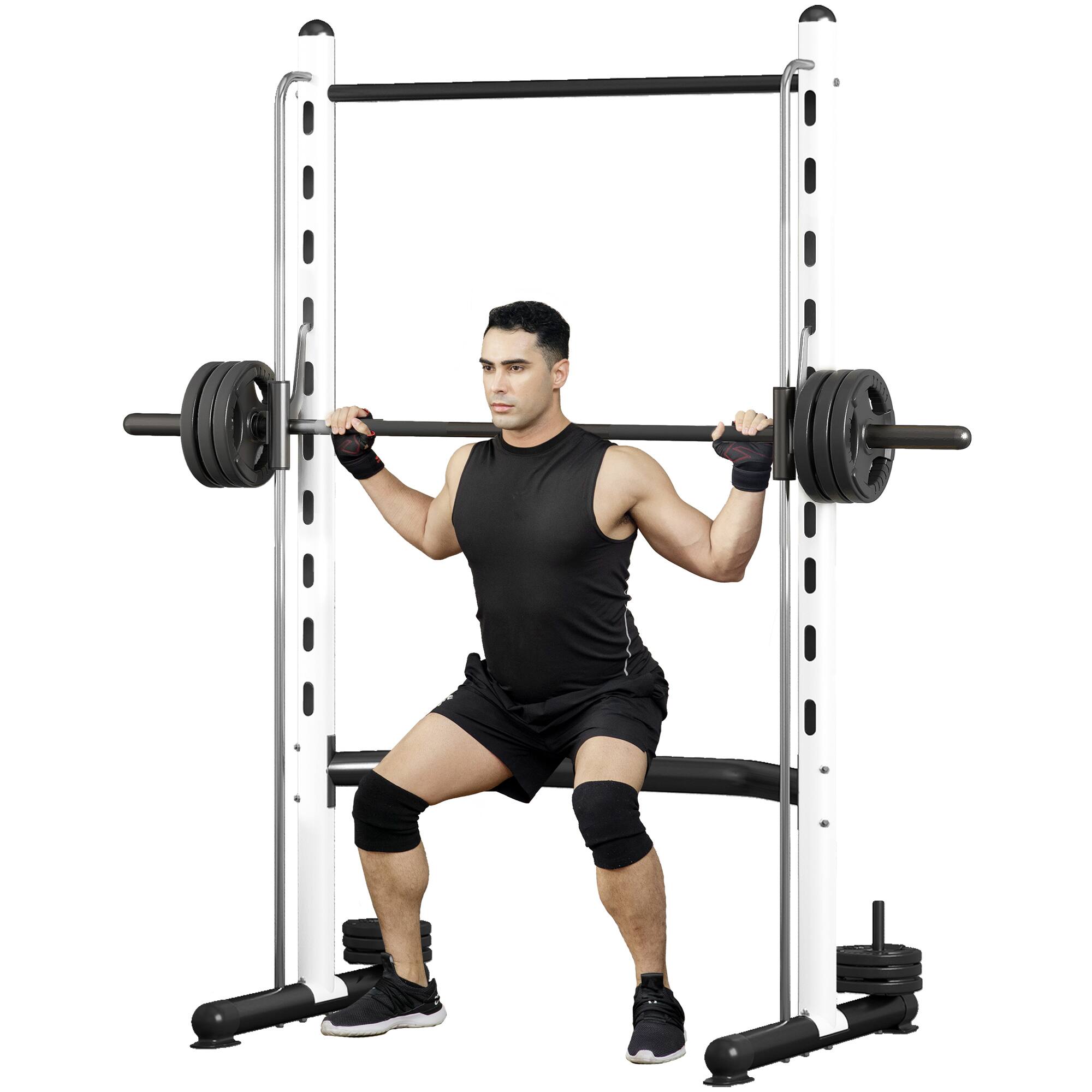 Soozier - Squat Rack with Pull-Up Bar, Adjustable Power Rack with Barbell Bar, Multi-Functional Bench Press Rack - White