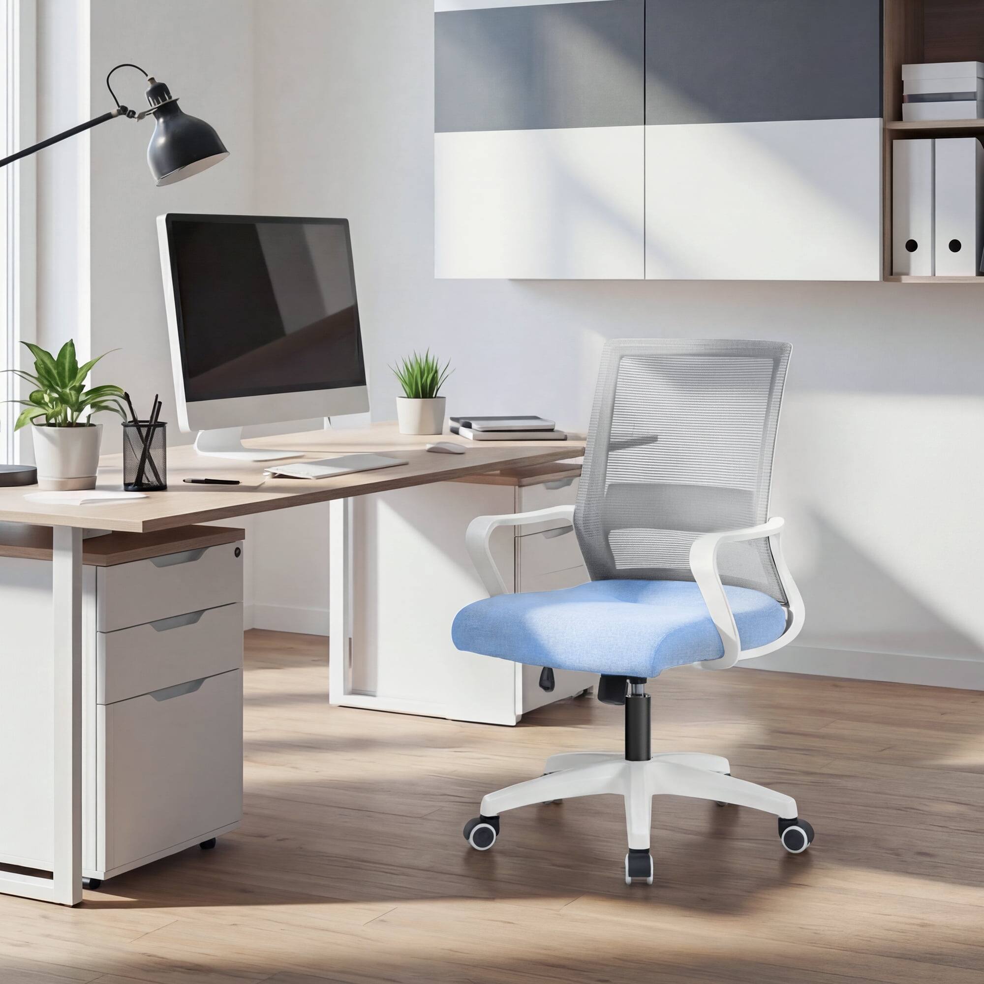 Left. Neo Chair - Ergonomic Mesh Office Chair, Mid Back Desk Chair with Lumbar Support, Adjustable Swivel Wheels - Blue.