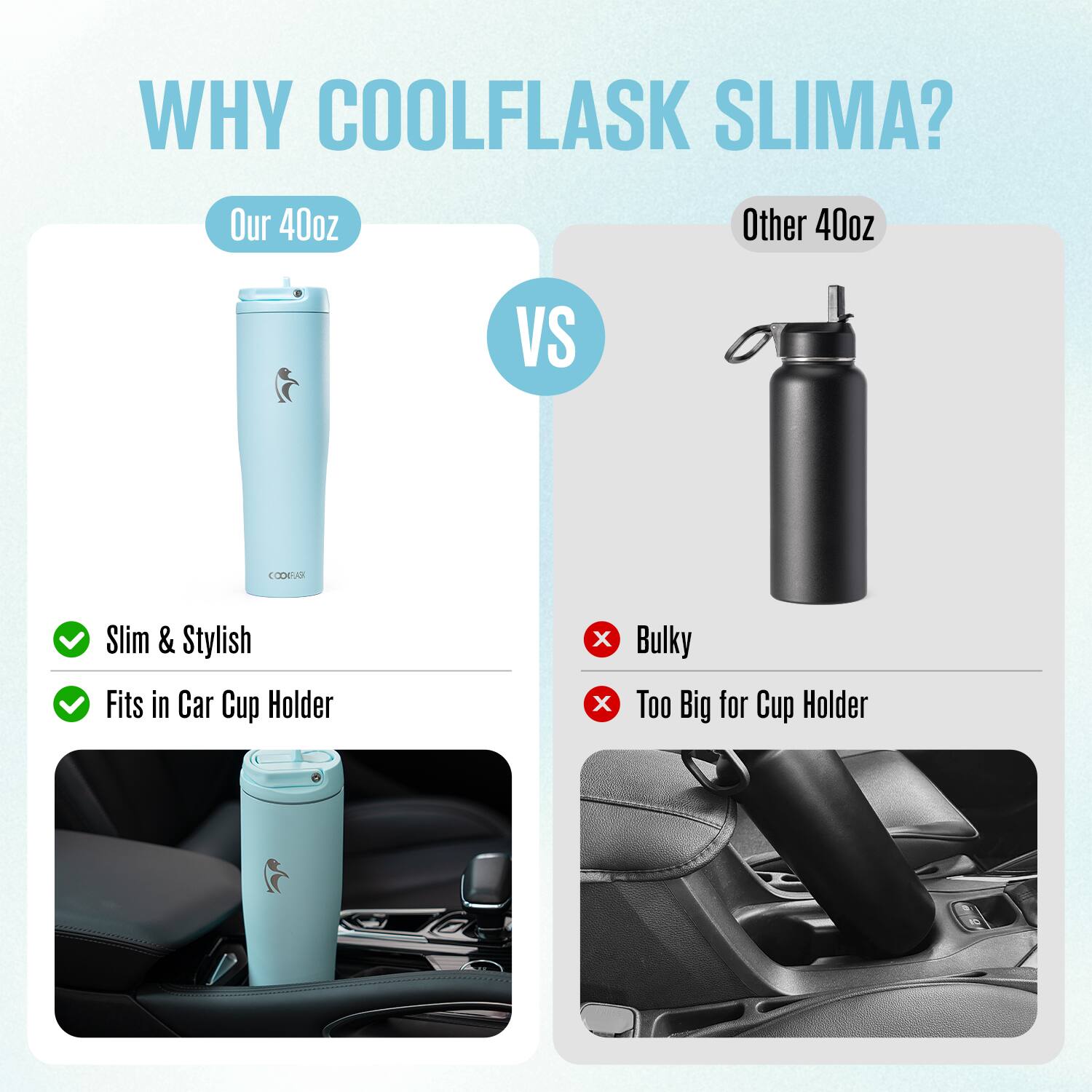 WHY COOLFLASK SLIMA?

Our 40oz  
Slim & Stylish  
Fits in Car Cup Holder

VS

Other 40oz  
Bulky  
Too Big for Cup Holder