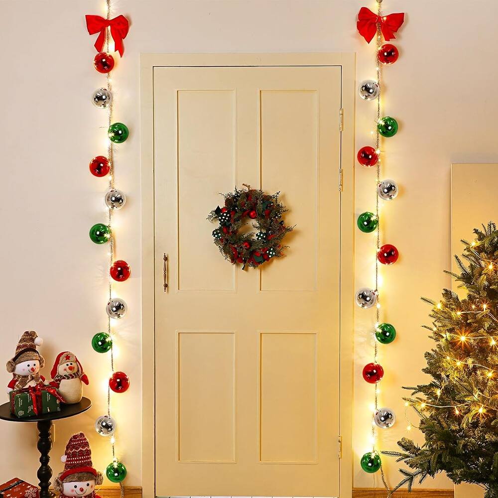 Back. RTMB - 2-Pack Lighted Christmas Ball Garland with Red Bows, Indoor/Outdoor Decor - Red, Silver, Green.