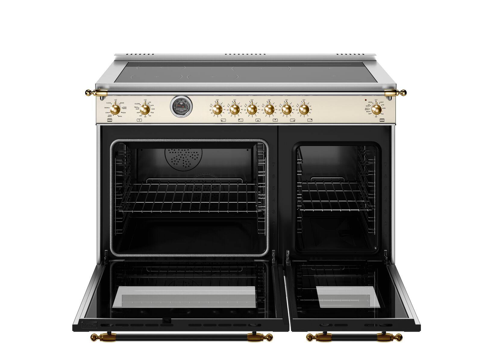 Left. Bertazzoni - 48" Heritage Series Induction Range - Avorio/Gold - Ivory.