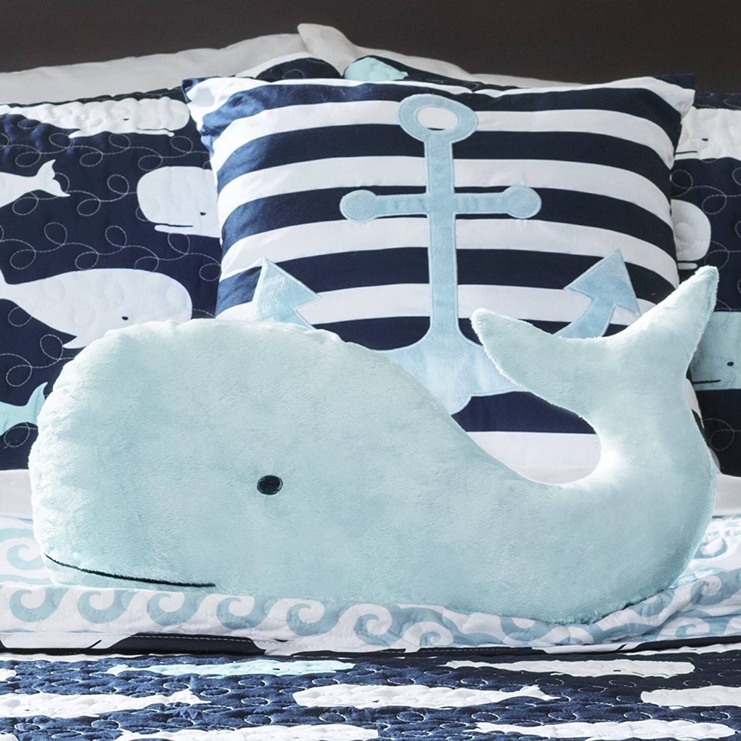 Back. Hivvago - Full/Queen 5 Piece Bed In A Bag Navy Teal Microfiber Waves Whales Quilt Set - Navy, Teal.