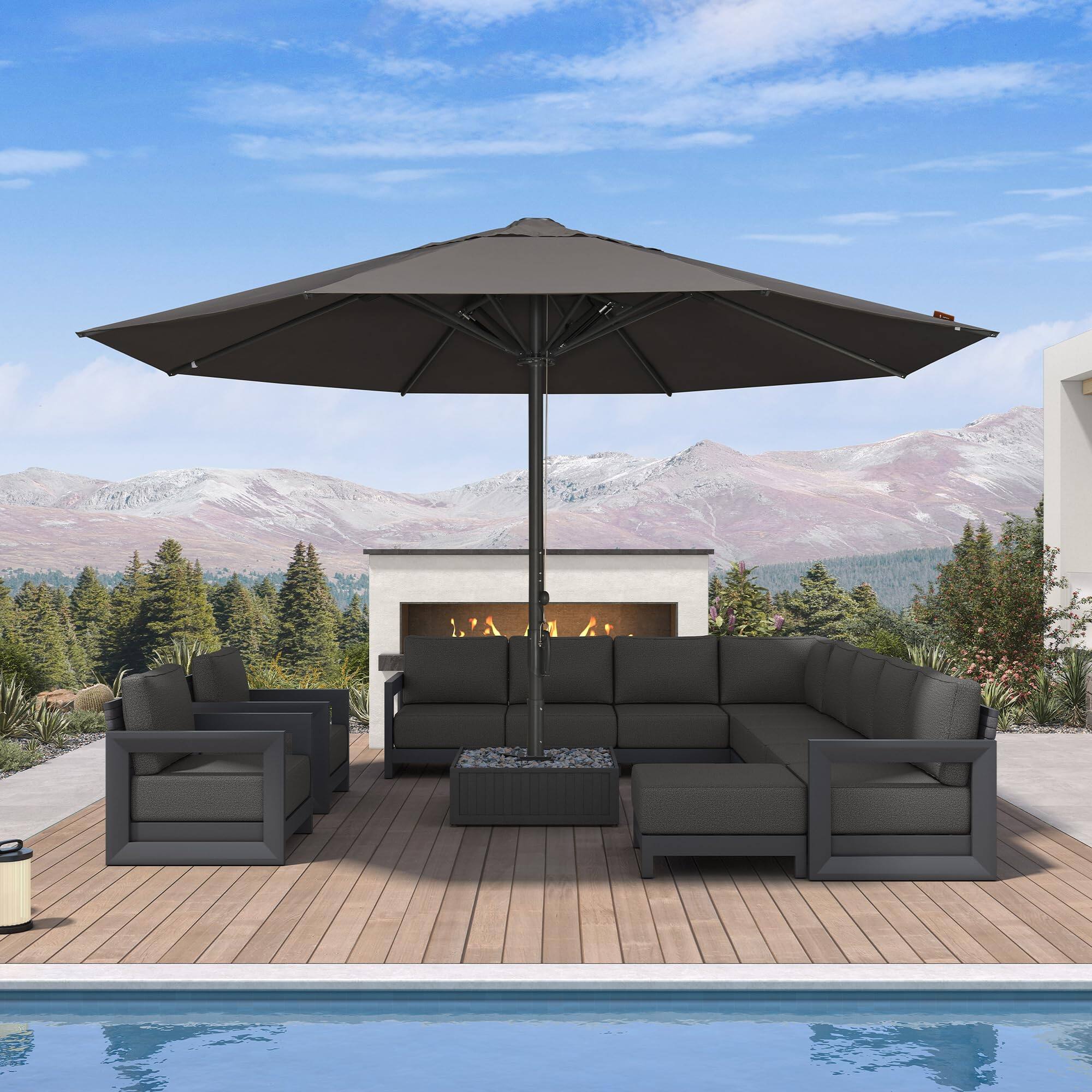 Front. PURPLE LEAF - 16 ft.Round Patio Market Umbrella With Heavy-Duty Commercial Hydraulic Semi-Automatic Lifting System - Gray.